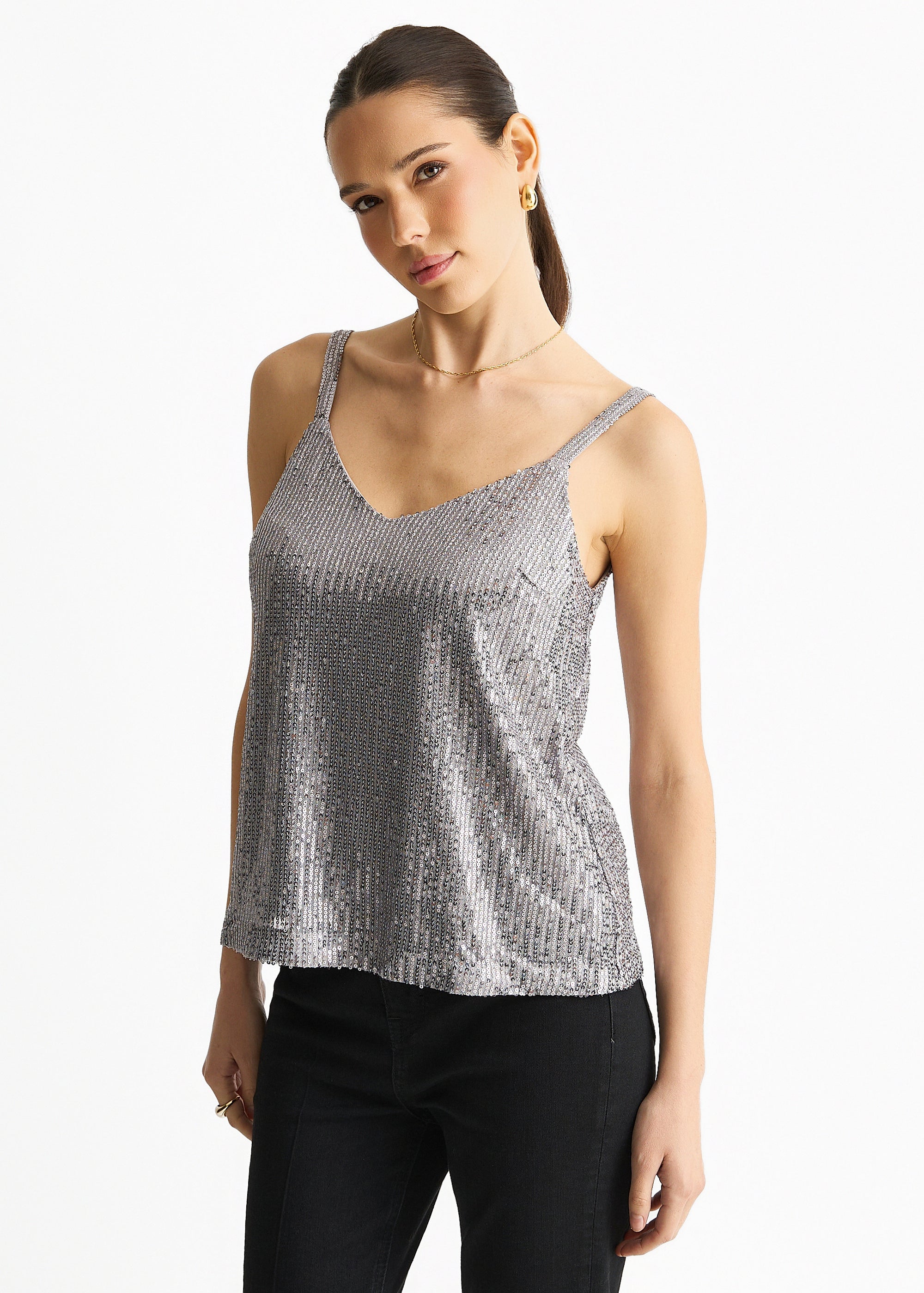 Silver Sequin V Neck Cami Top