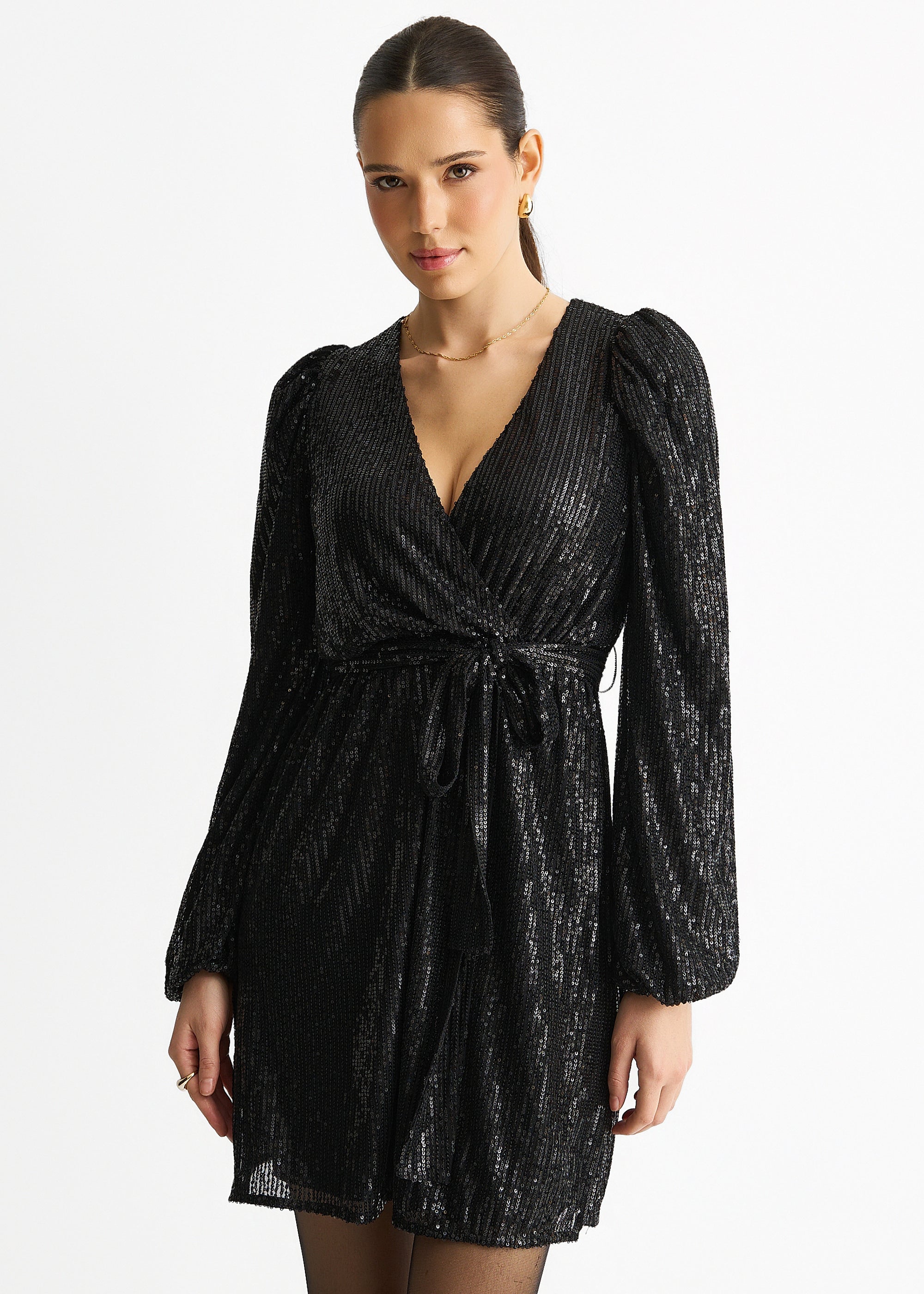 Black Sequin V Neck Belted Mini Dress