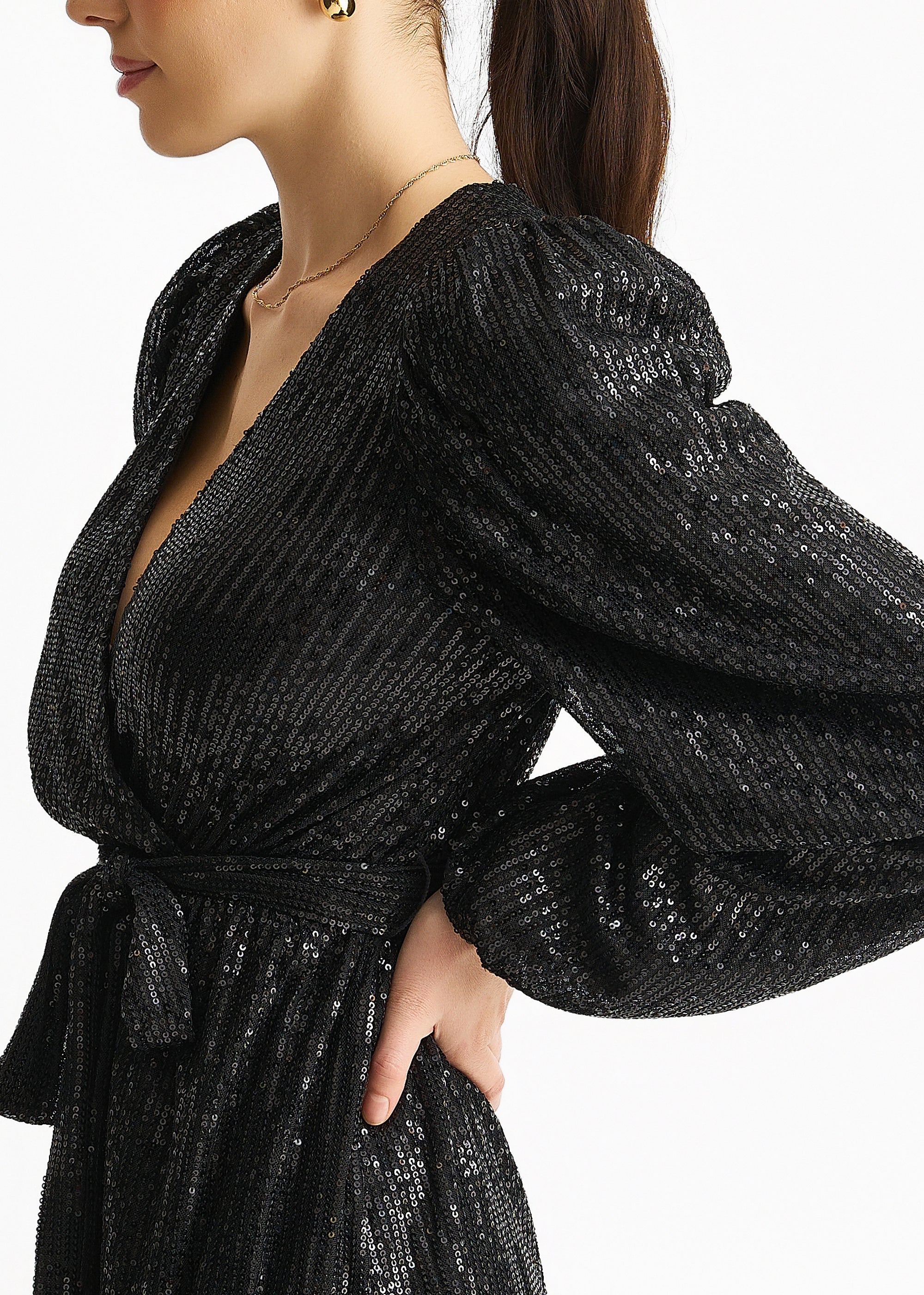 Black Sequin V Neck Belted Mini Dress