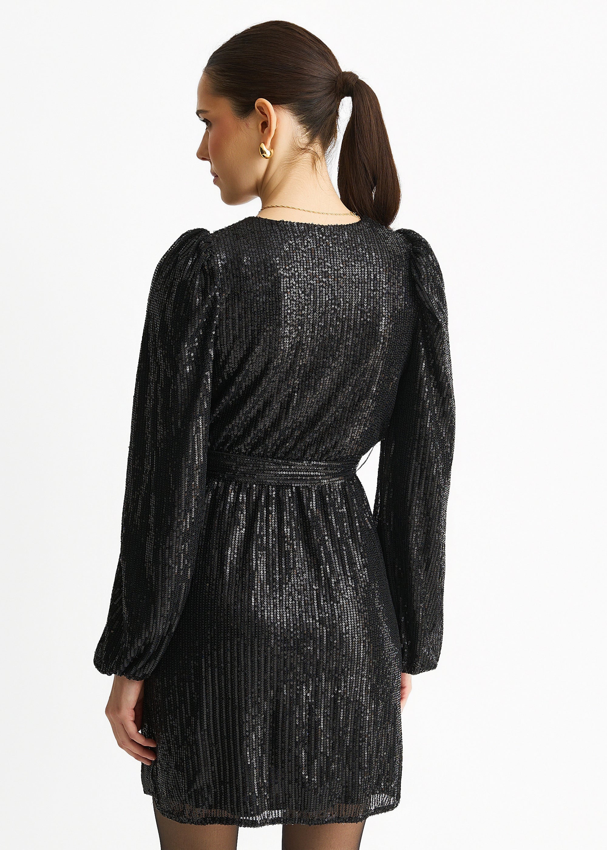 Black Sequin V Neck Belted Mini Dress