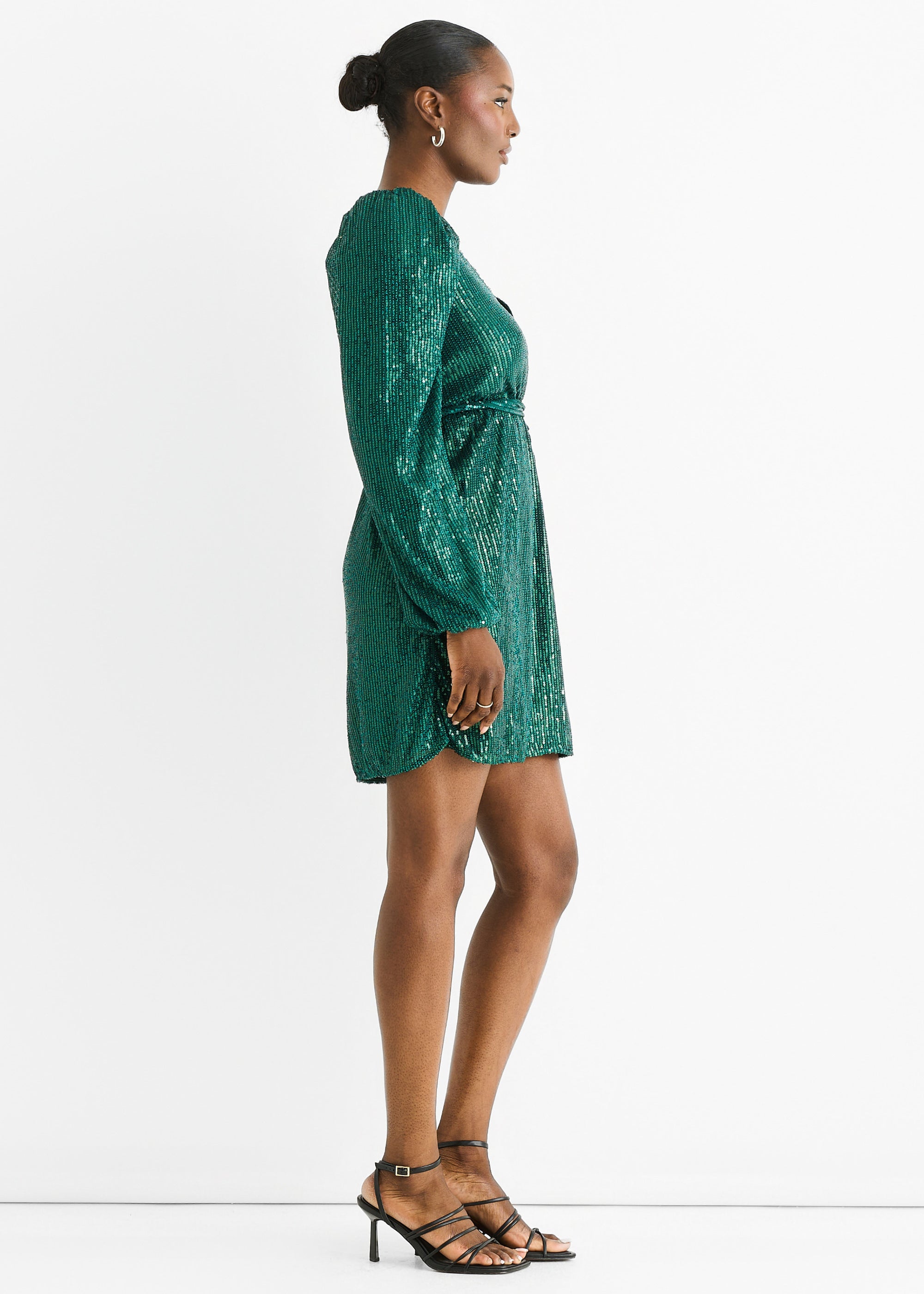 Bottle Green Sequin V Neck Belted Mini Dress