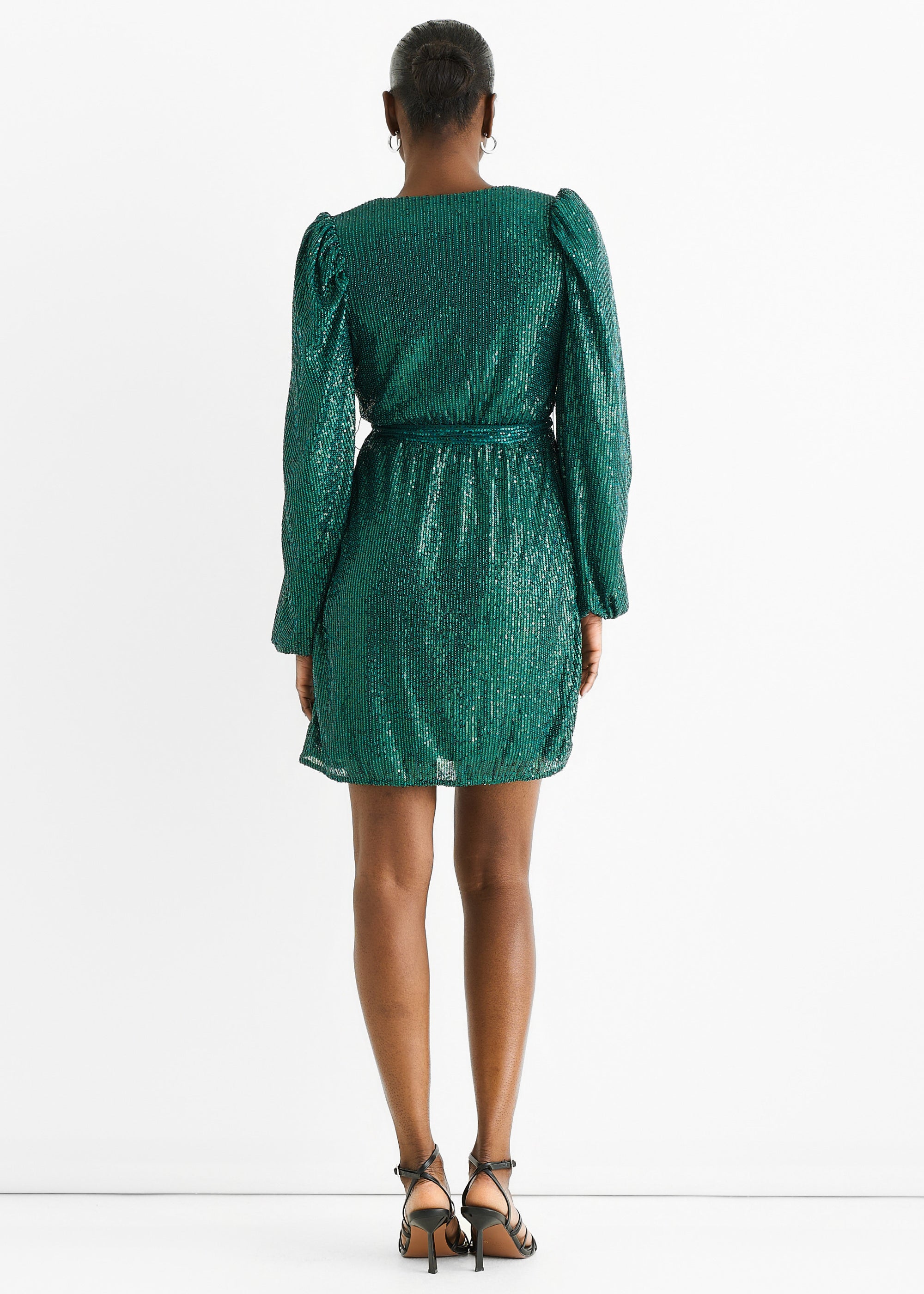 Bottle Green Sequin V Neck Belted Mini Dress