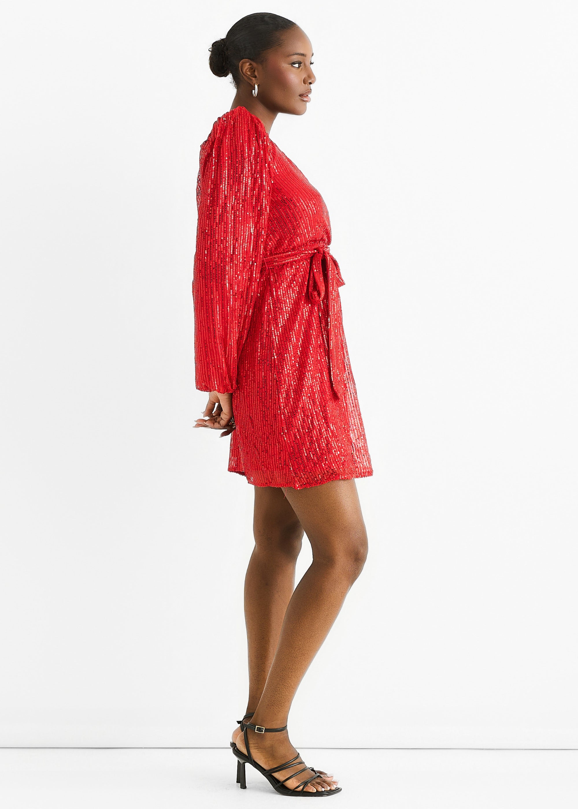 Bright Red Sequin V Neck Belted Mini Dress