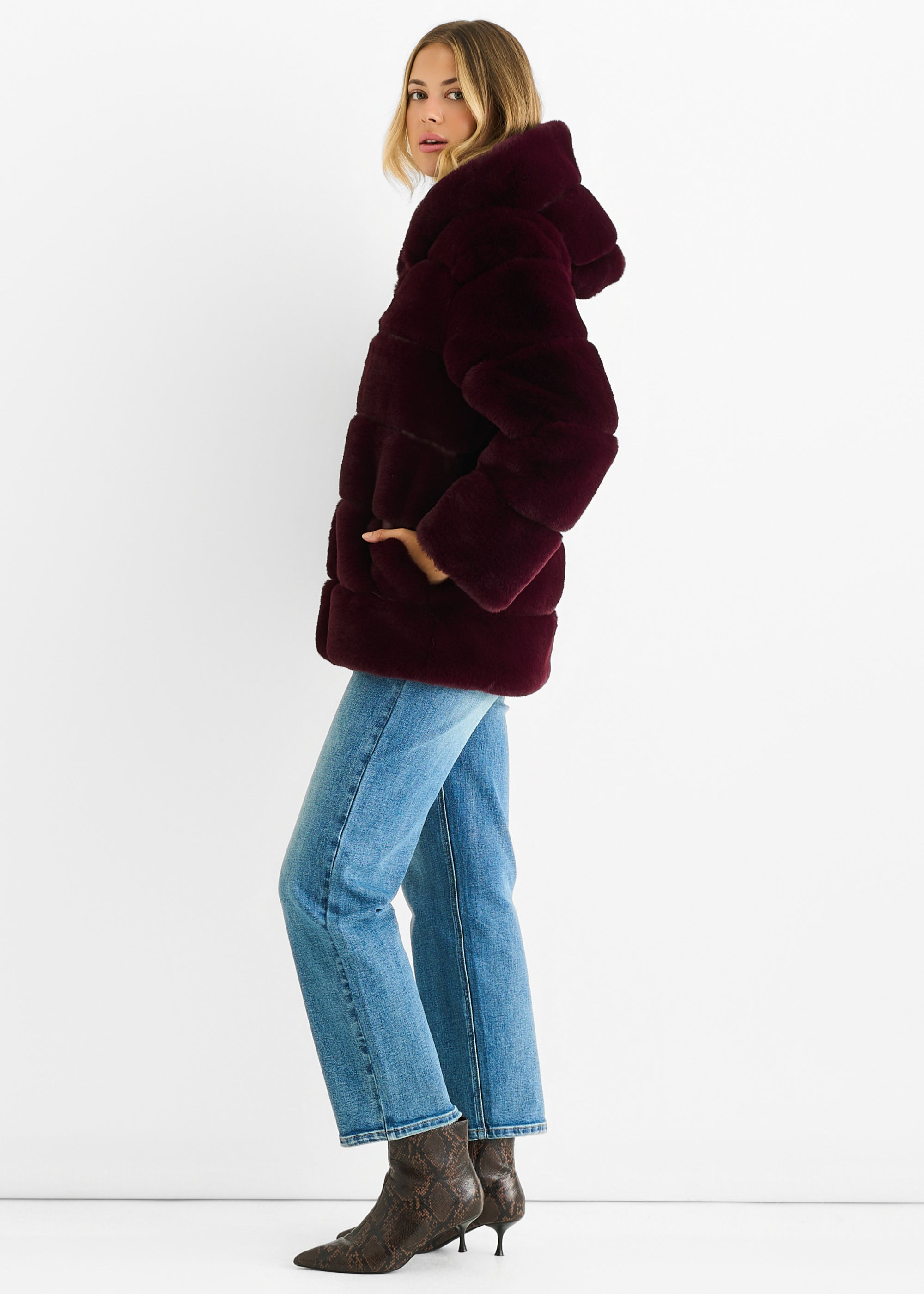 Dark Burgundy Horizontal Cut Fur Hooded Jacket