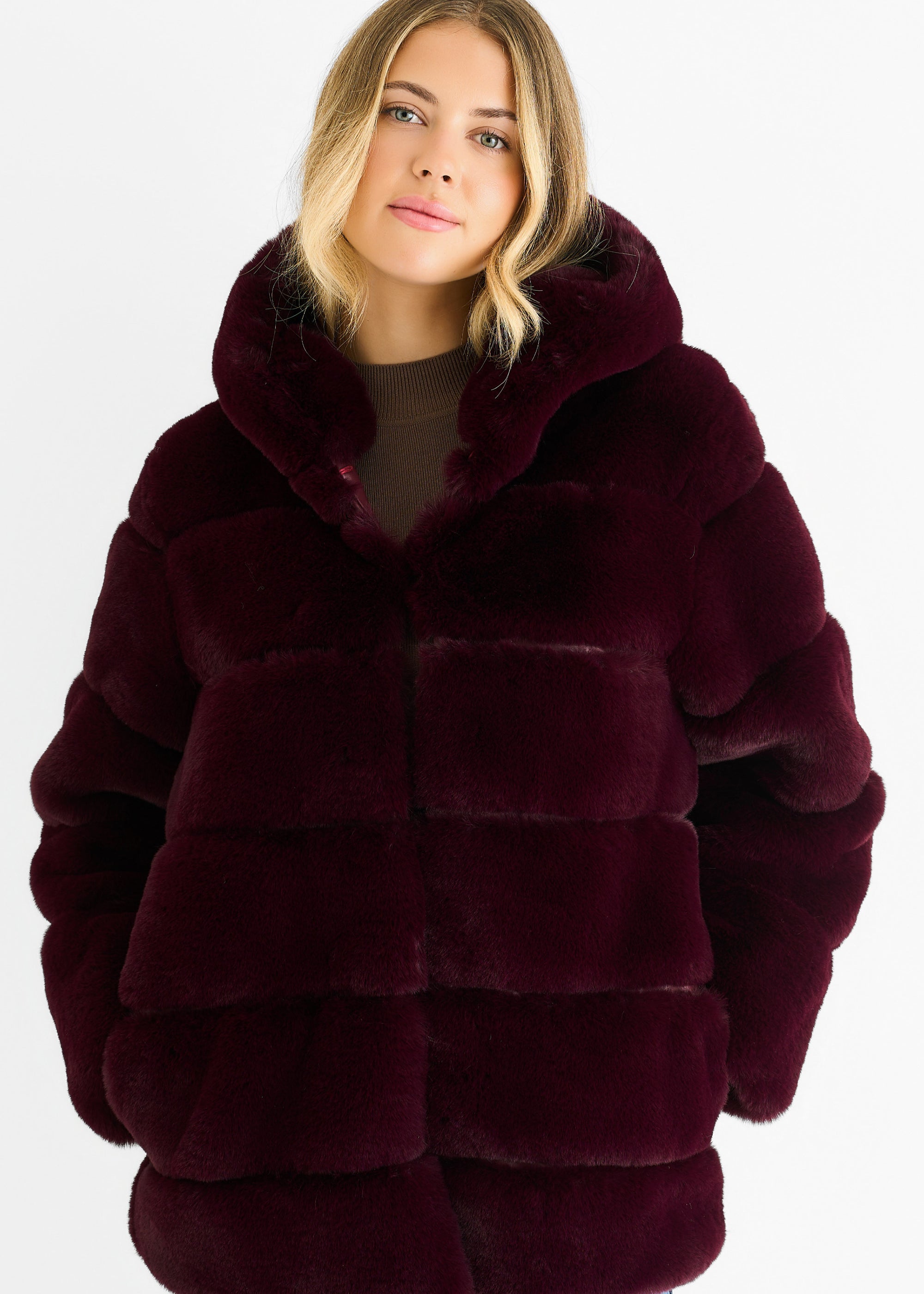 Dark Burgundy Horizontal Cut Fur Hooded Jacket