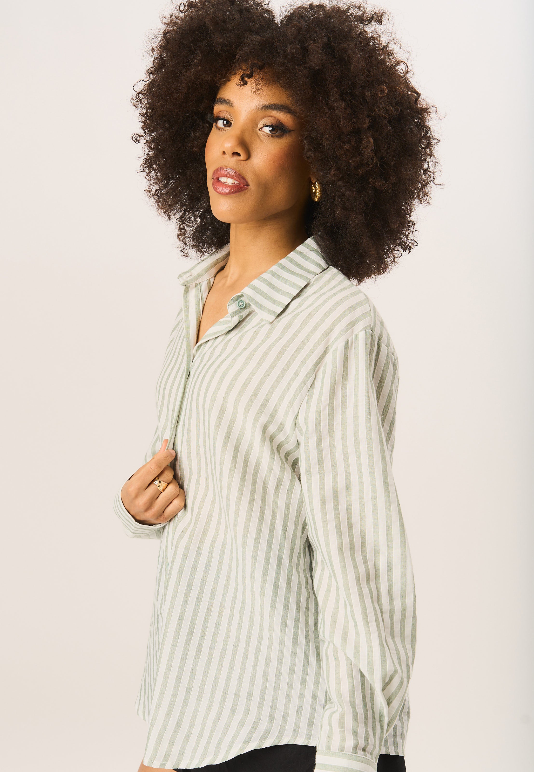 Sage GreenLinen Oversized Stripe Shirt