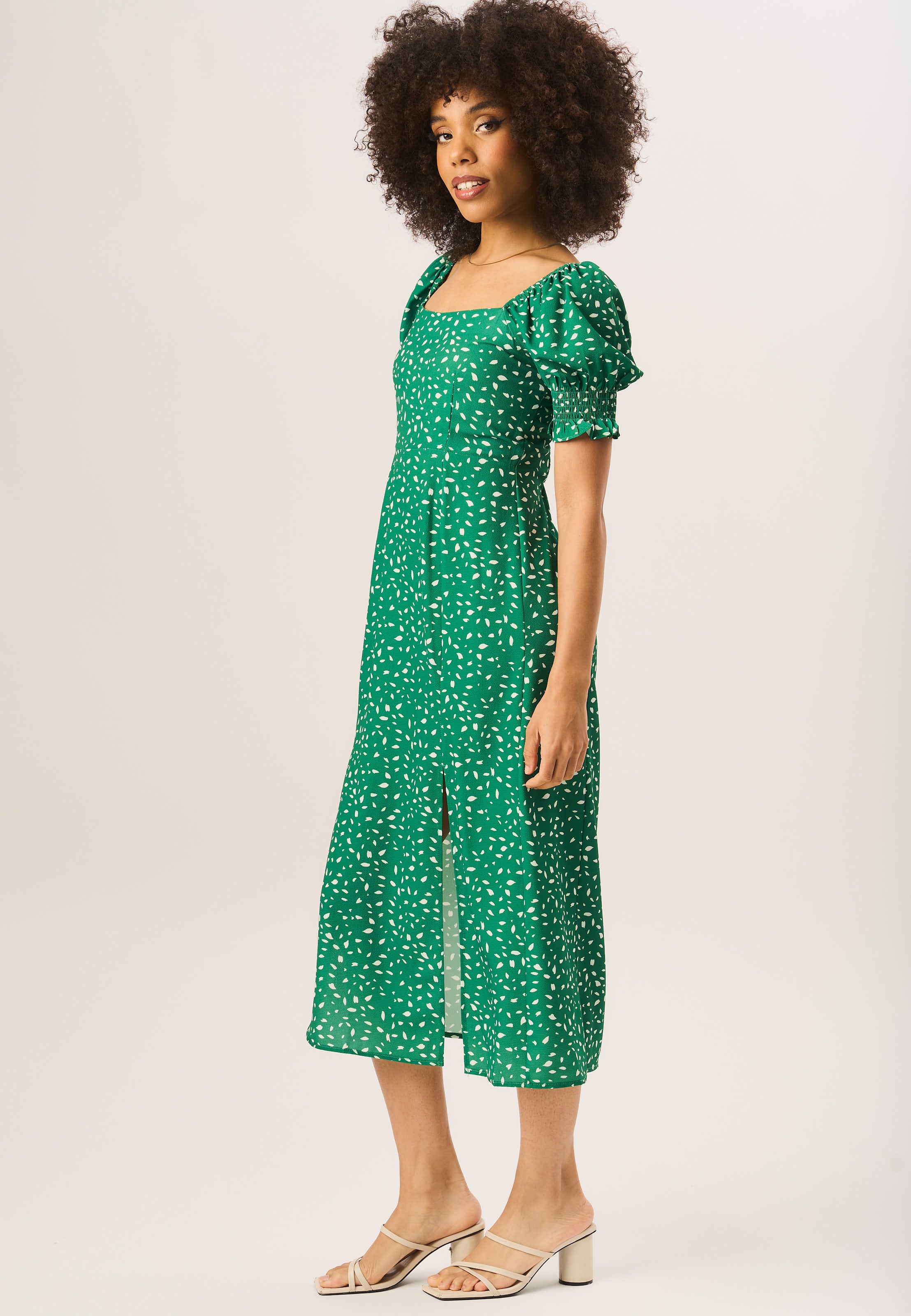 Green Animal Print Split Hem Midi Dress