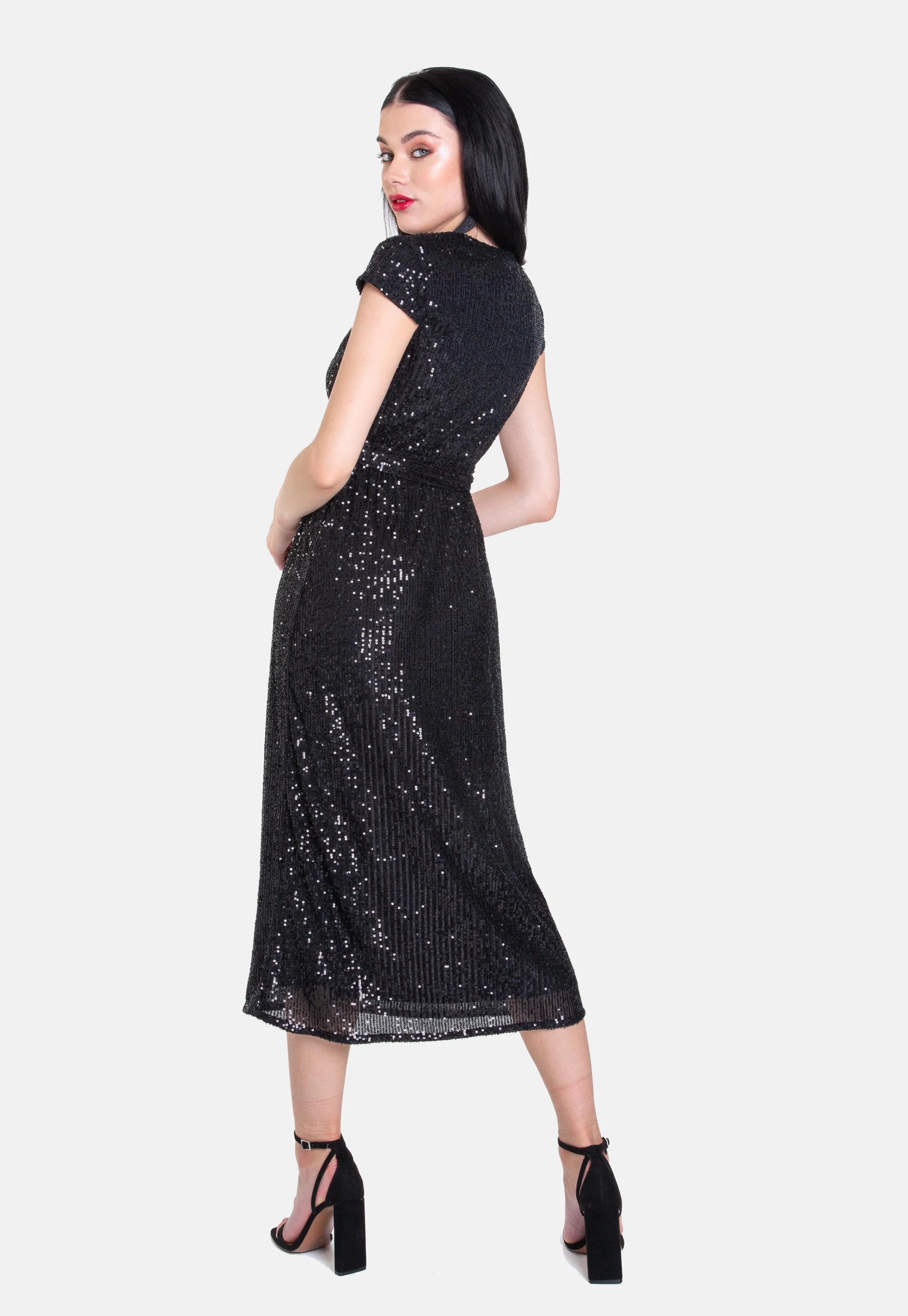 Black Sequin Belted Midi Wrap Dress