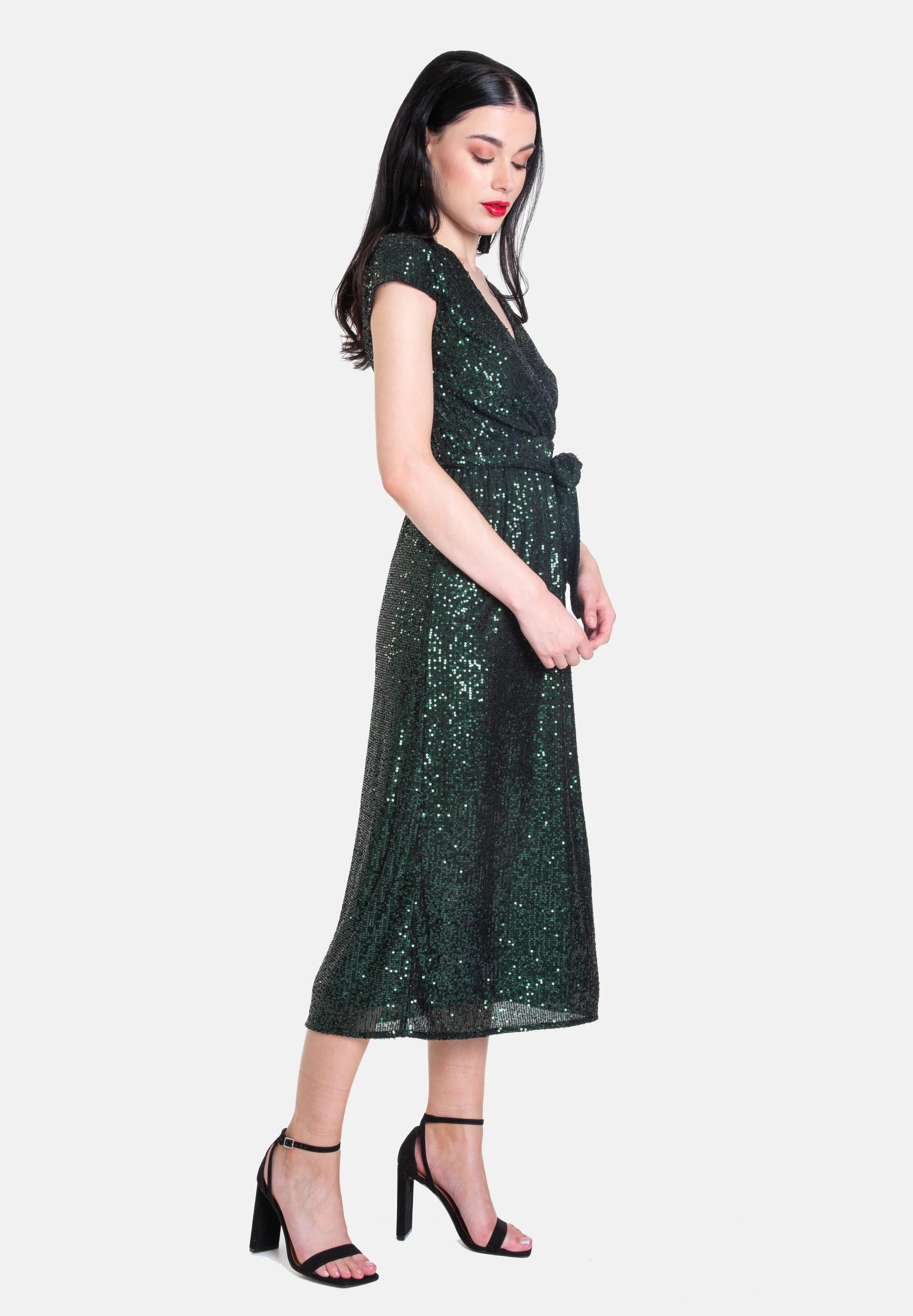 Green Sequin Belted Midi Wrap Dress