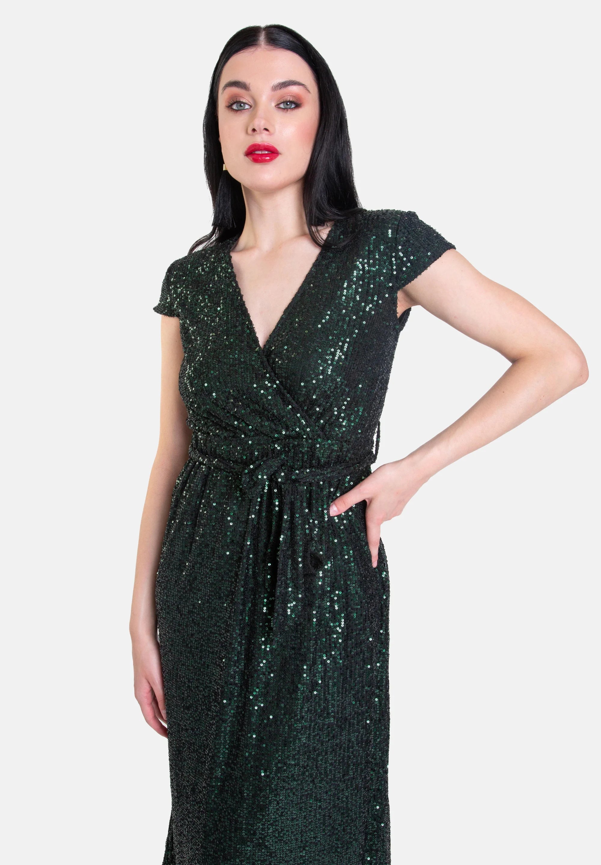 Green Sequin Belted Midi Wrap Dress