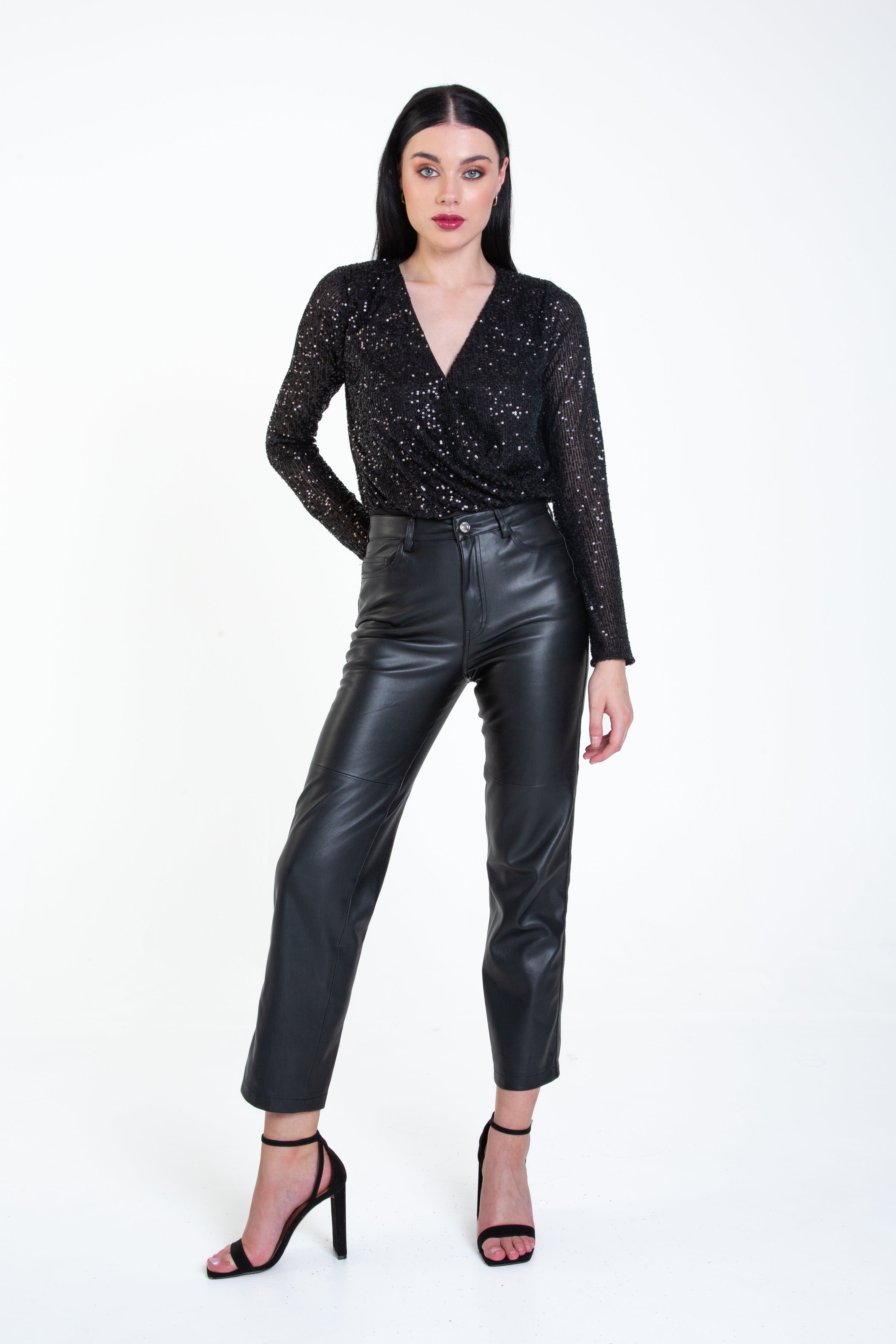 Black Sequin Wrap Long Sleeves Bodysuit