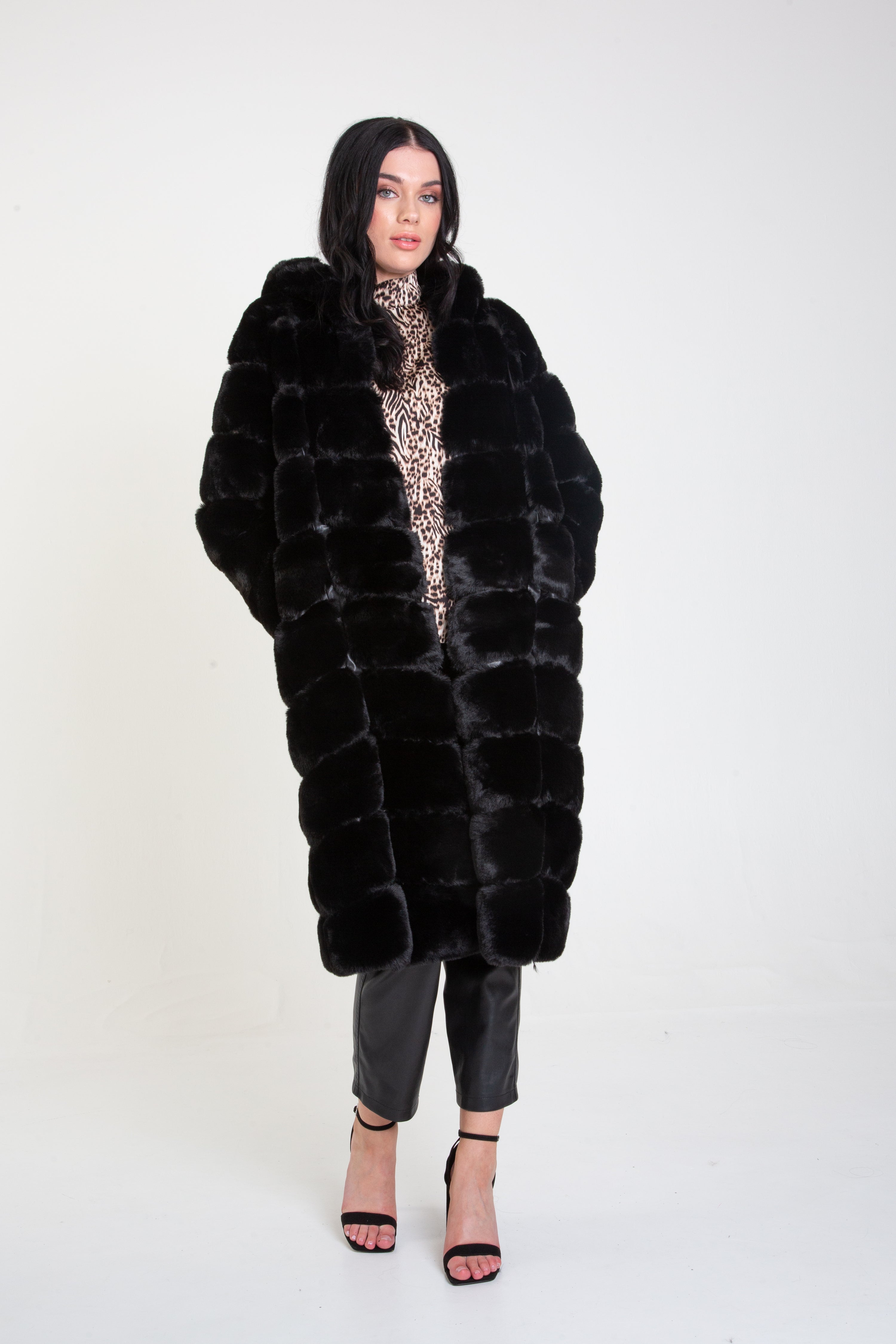 Black Panelled Hooded Longline Fur Coat