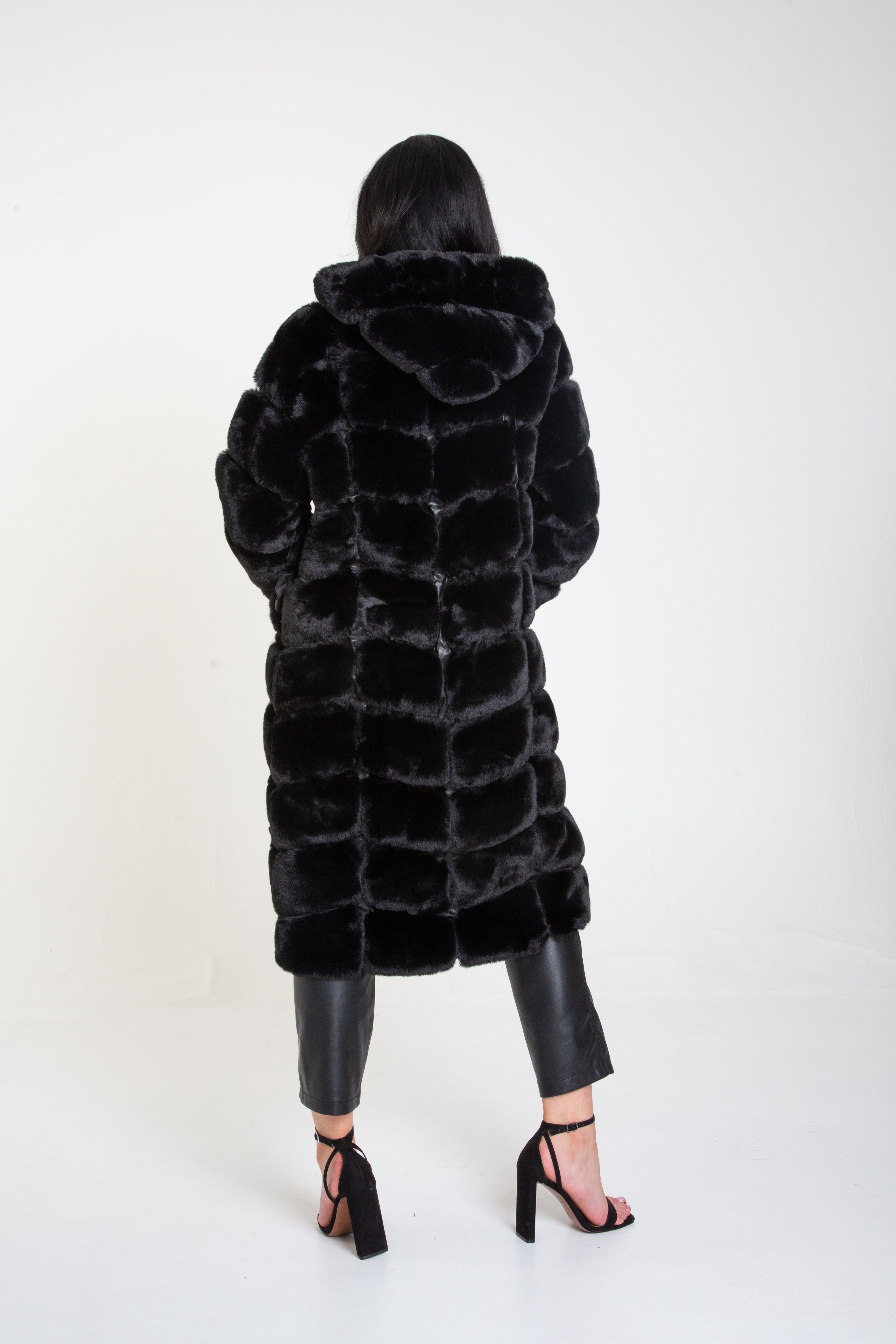 Black Panelled Hooded Longline Fur Coat
