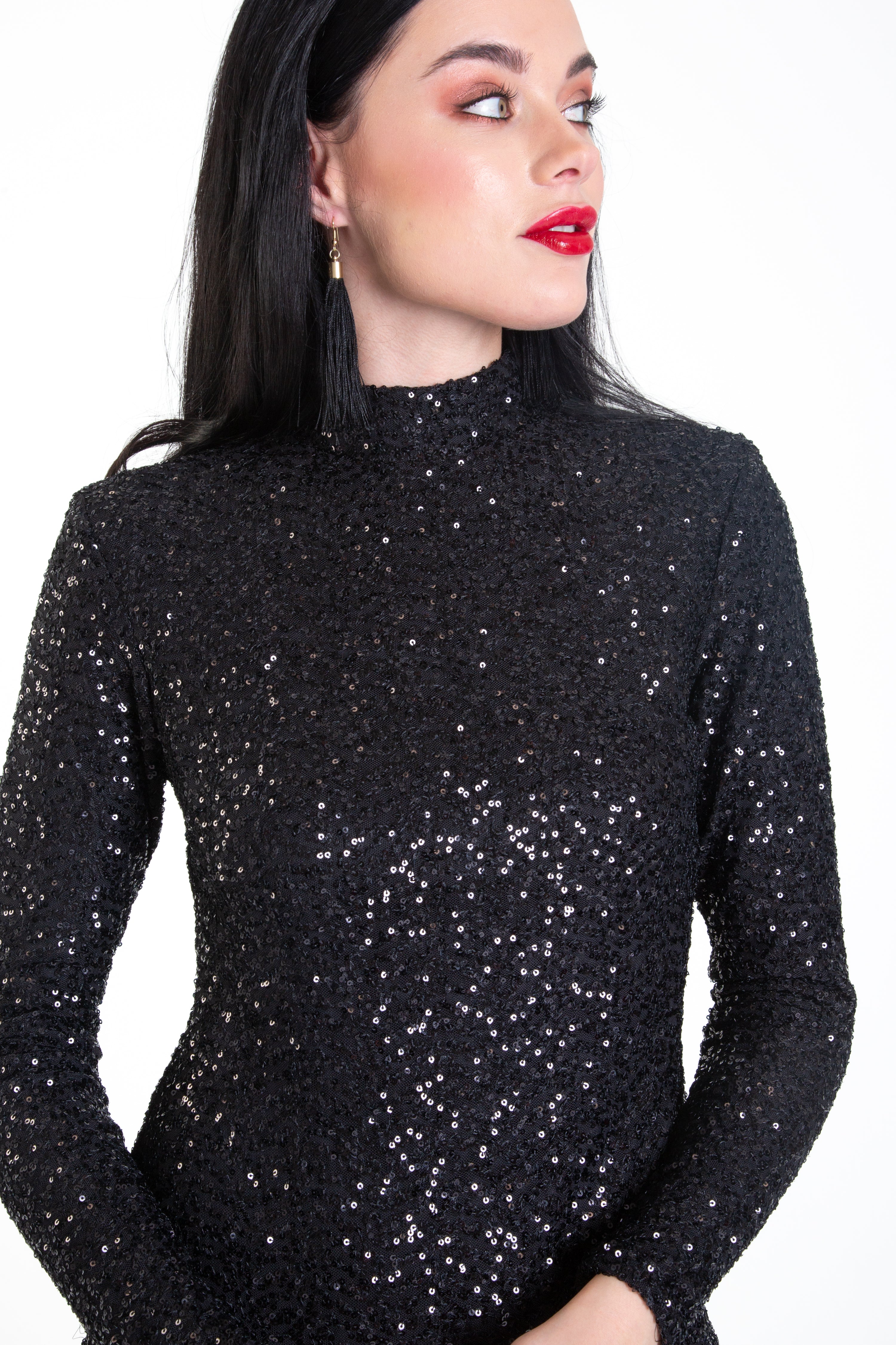 Black Sequin High Neck Bodycon Dress