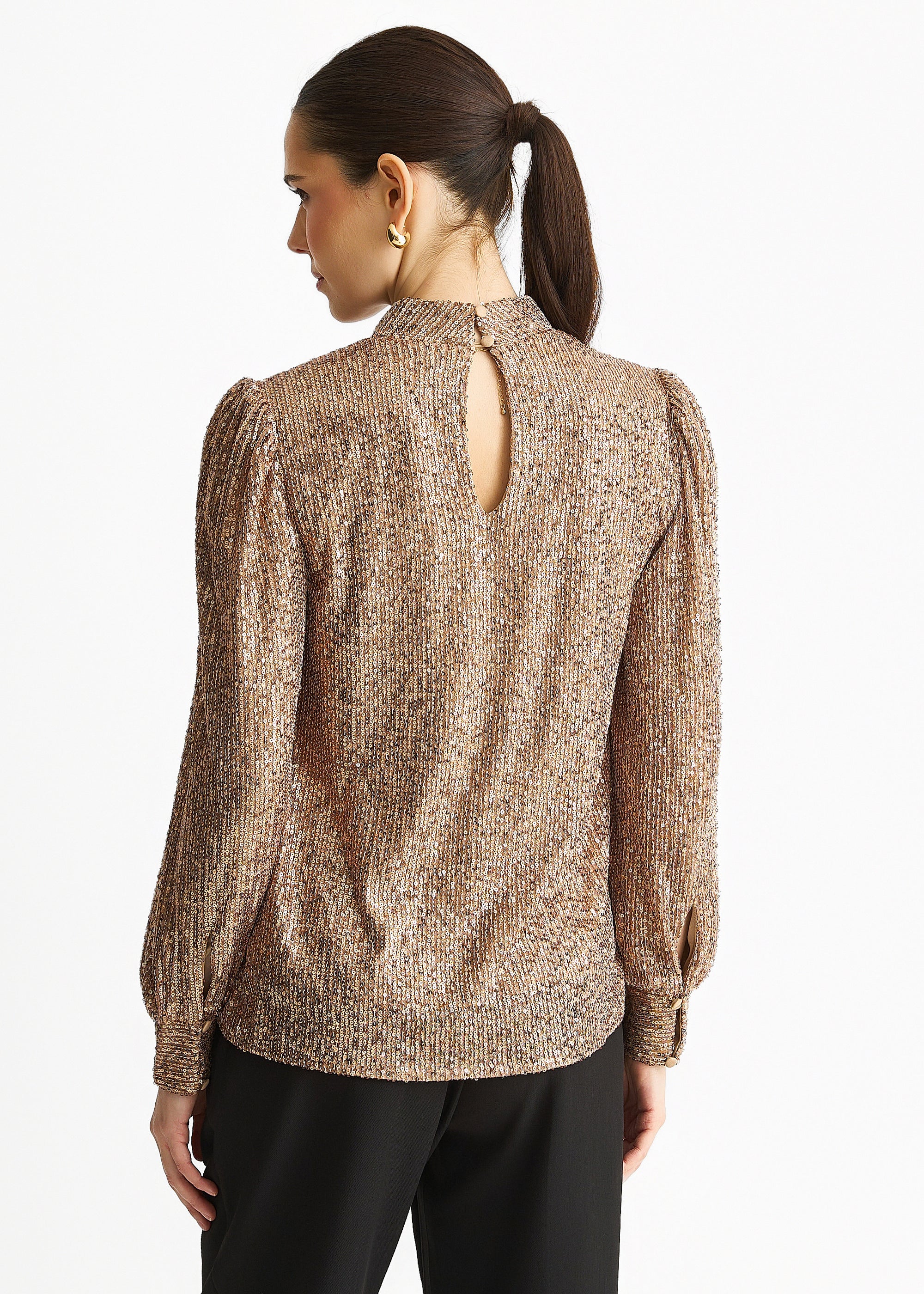 Mink Brown Sequin High Neck Loosefit Blouse