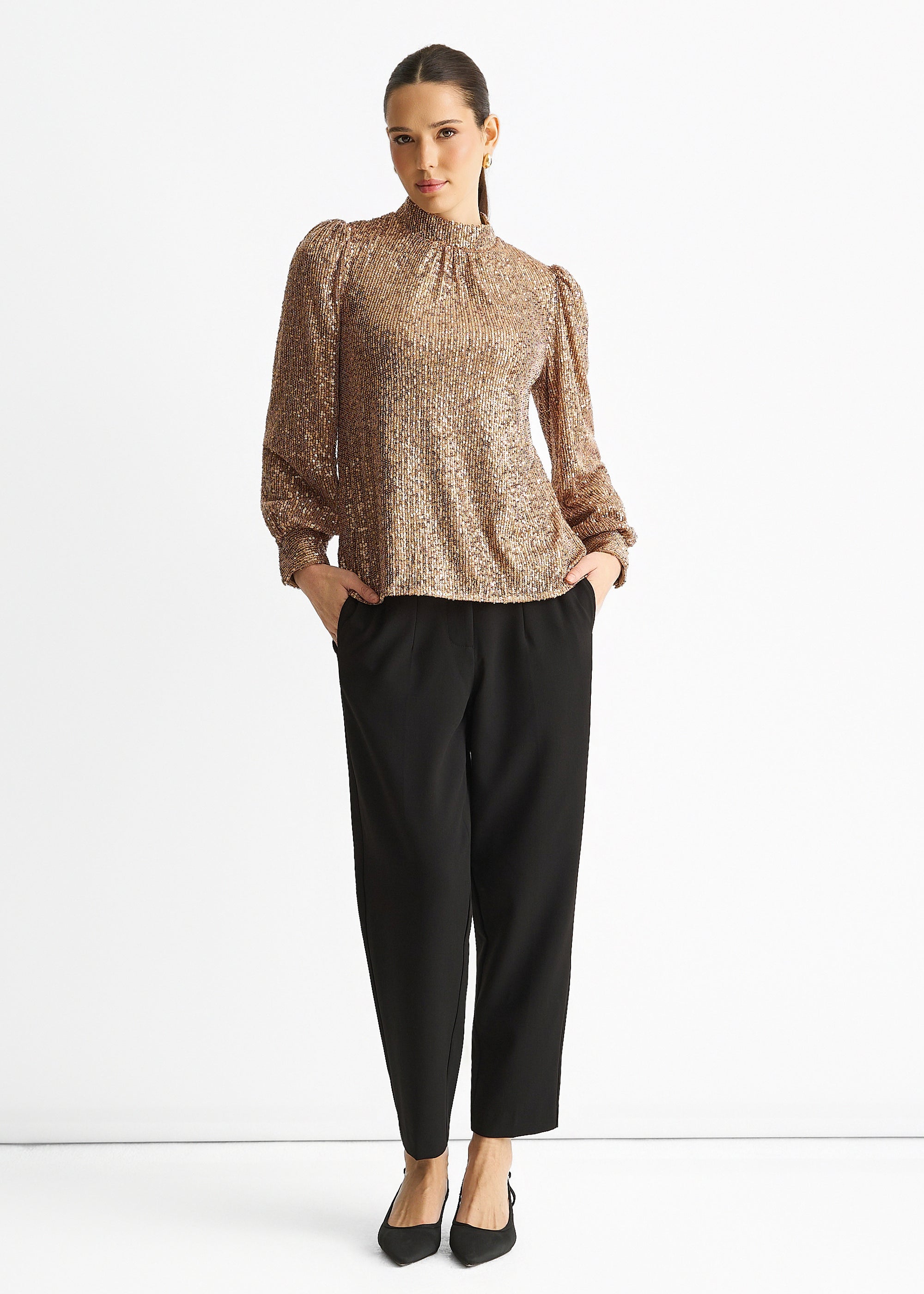Mink Brown Sequin High Neck Loosefit Blouse