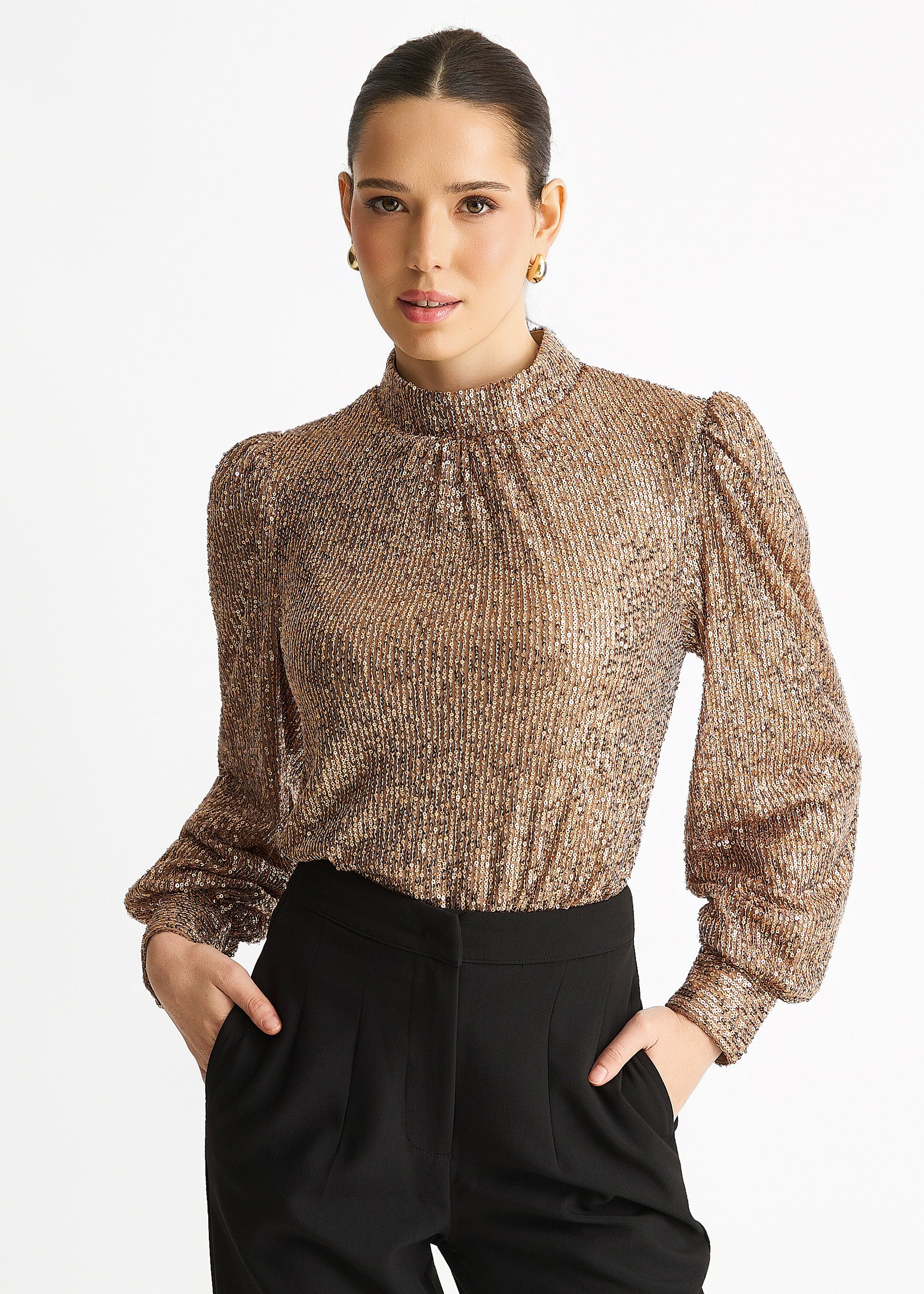 Mink Brown Sequin High Neck Loosefit Blouse