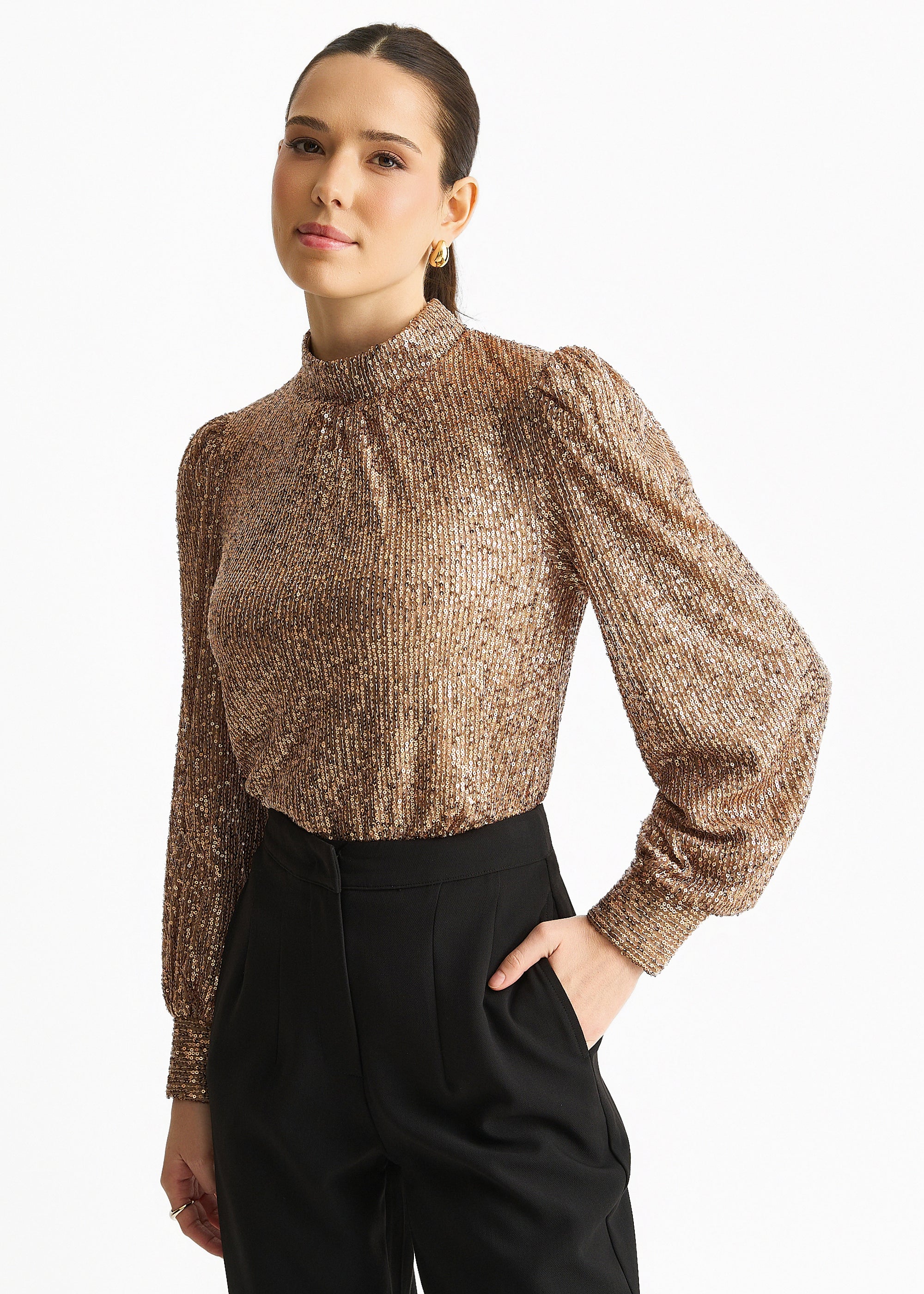 Mink Brown Sequin High Neck Loosefit Blouse