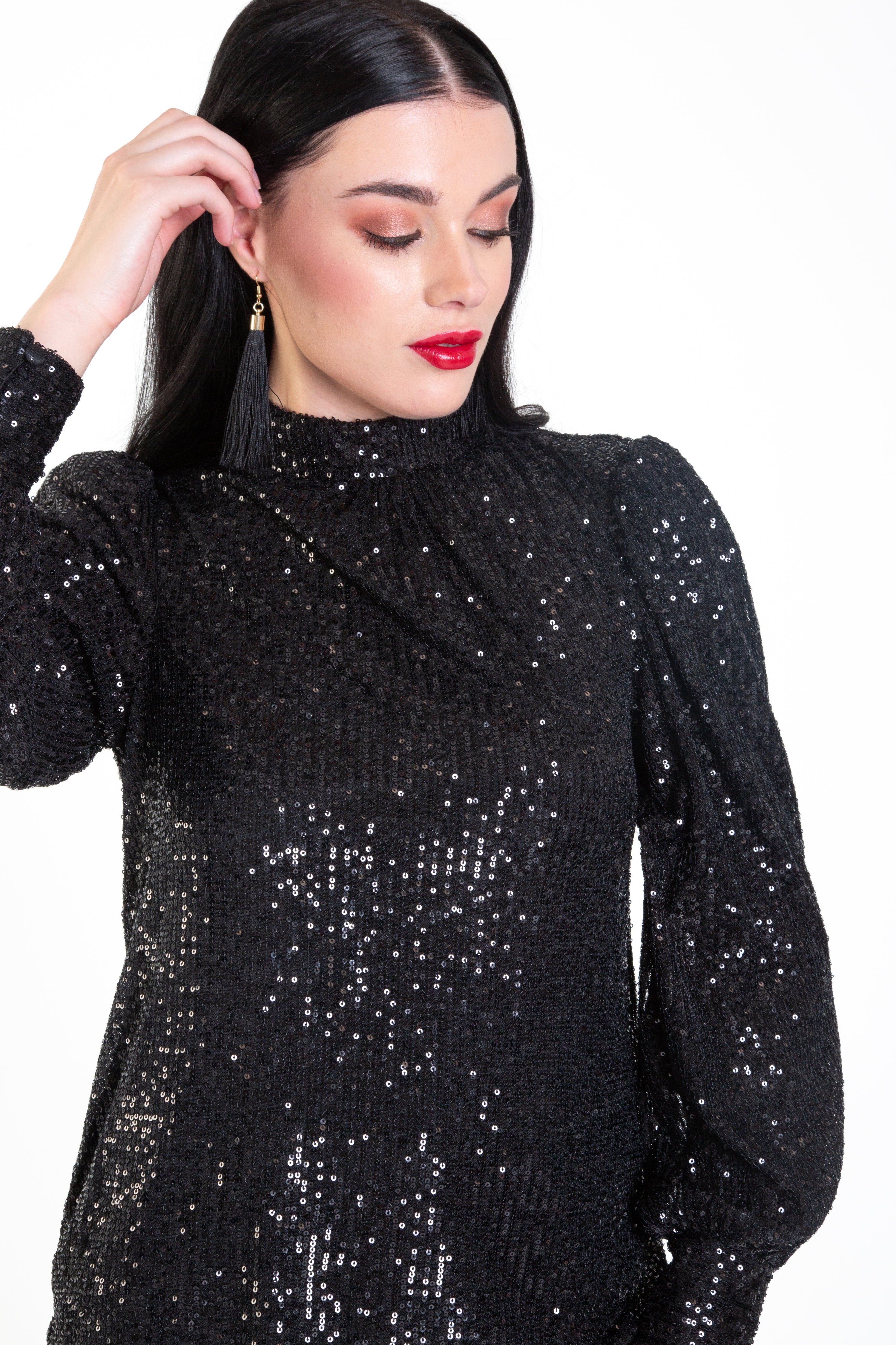Black Sequin High Neck Loose Fit Blouse