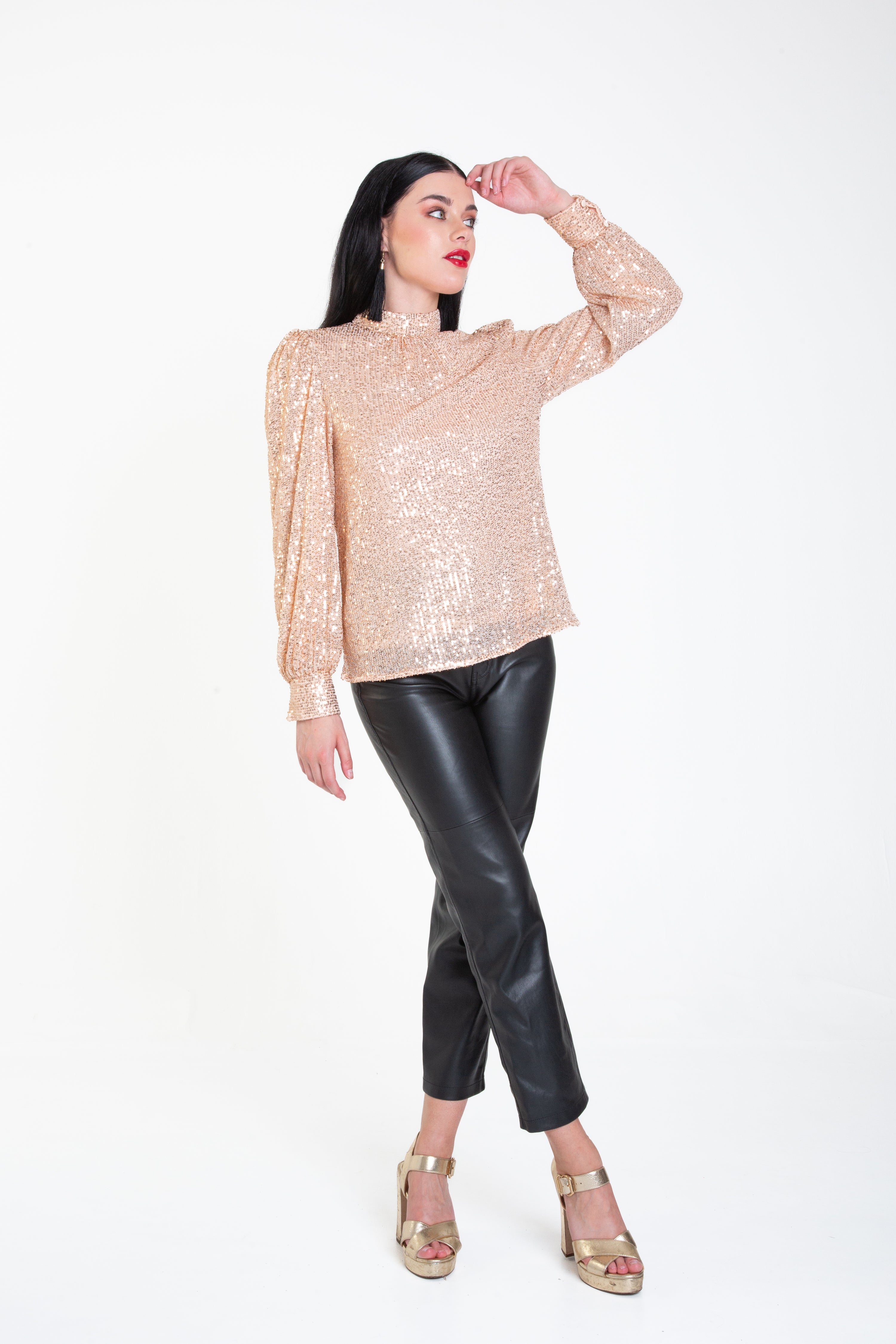 Champagne Sequin High Neck Loosefit Blouse