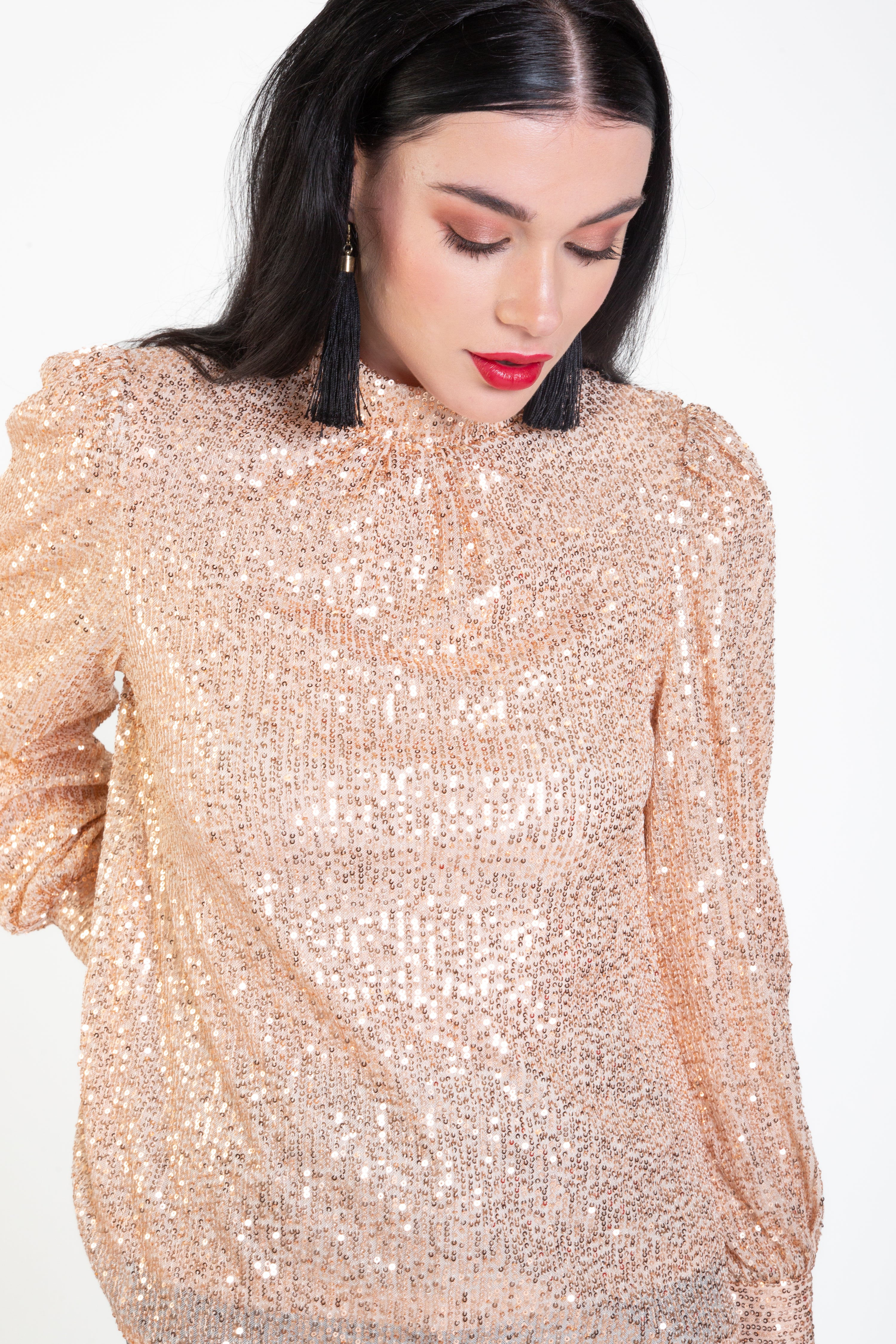 Champagne Sequin High Neck Loosefit Blouse