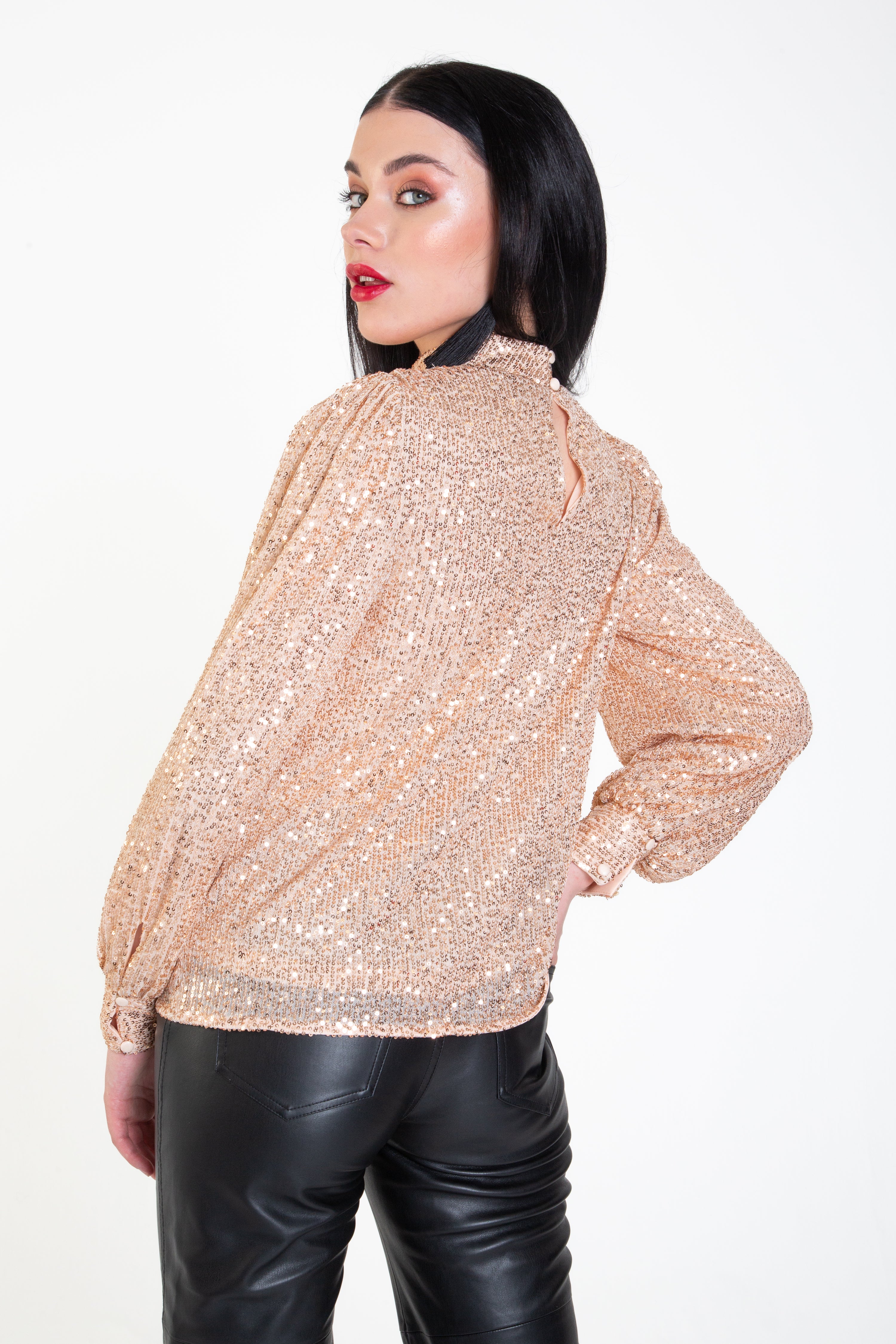 Champagne Sequin High Neck Loosefit Blouse