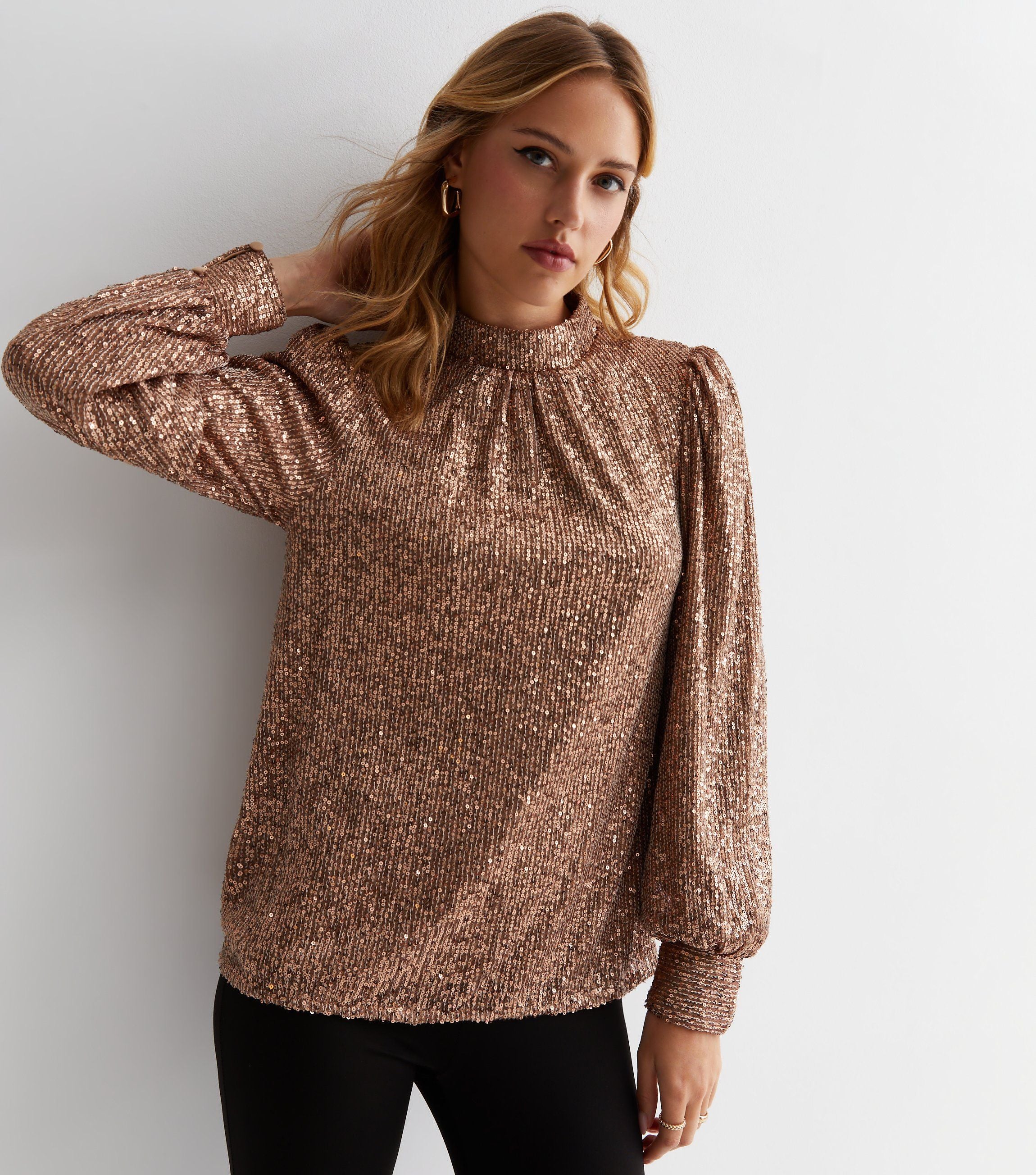 Mink Brown Sequin High Neck Loosefit Blouse