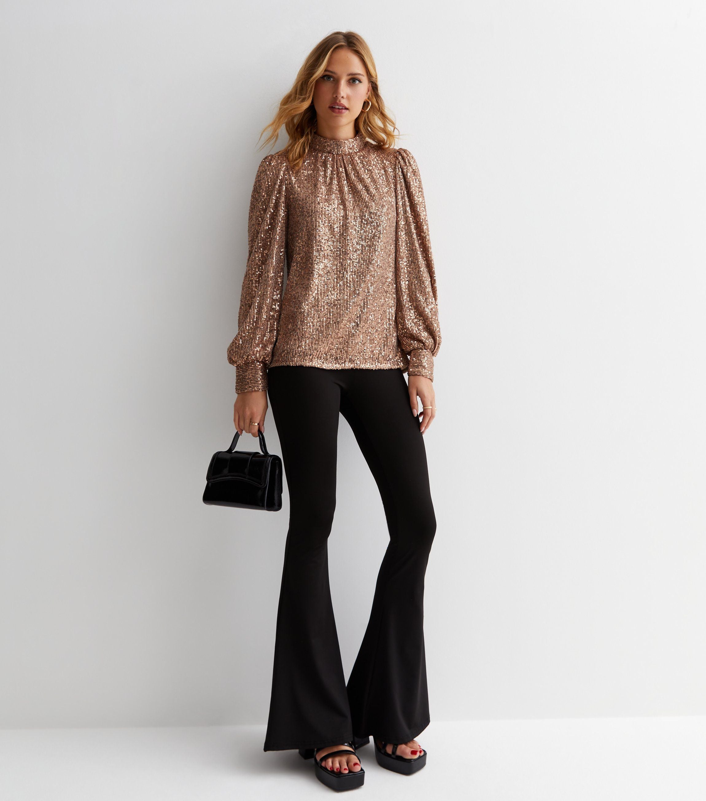 Mink Brown Sequin High Neck Loosefit Blouse