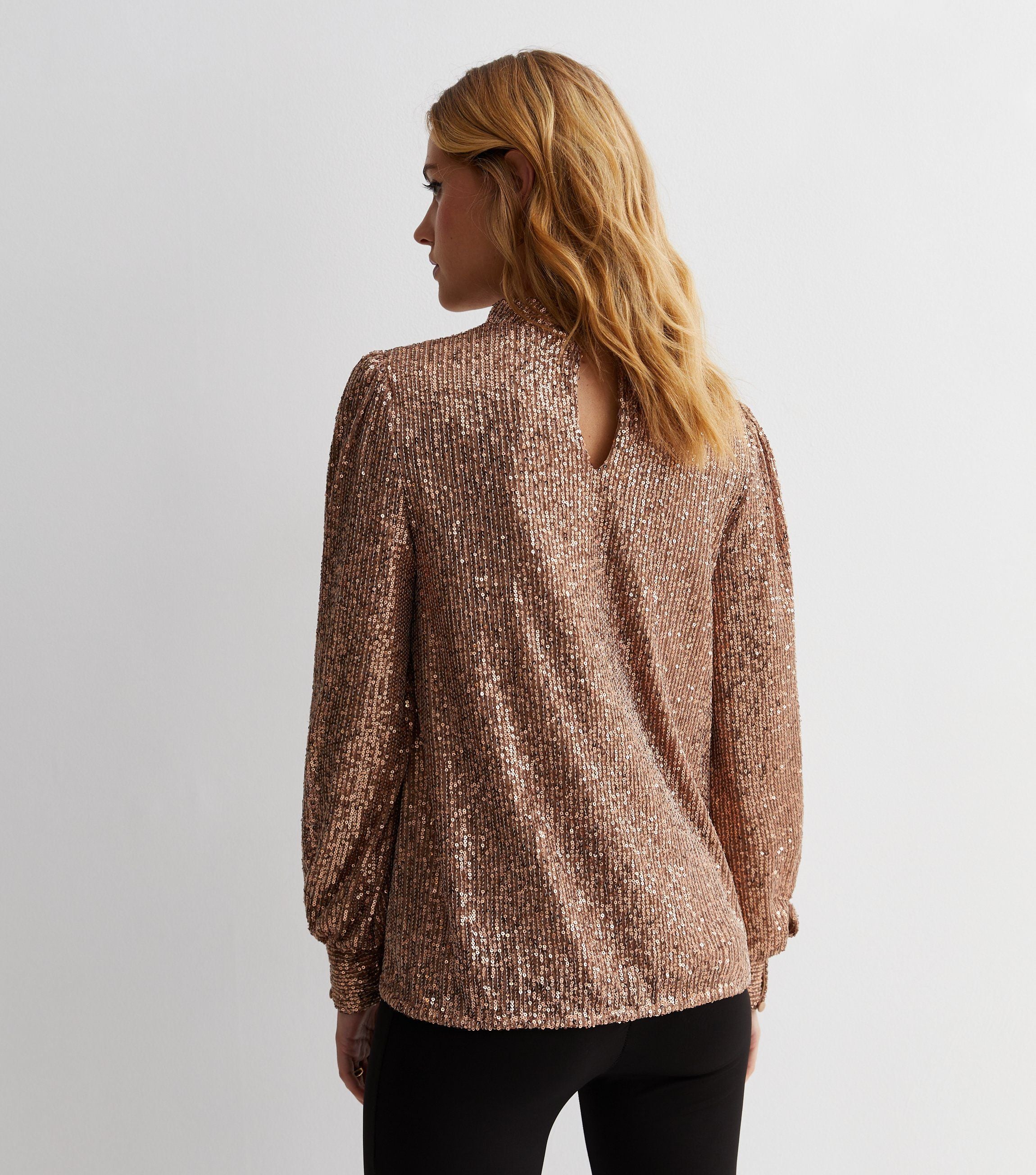 Mink Brown Sequin High Neck Loosefit Blouse