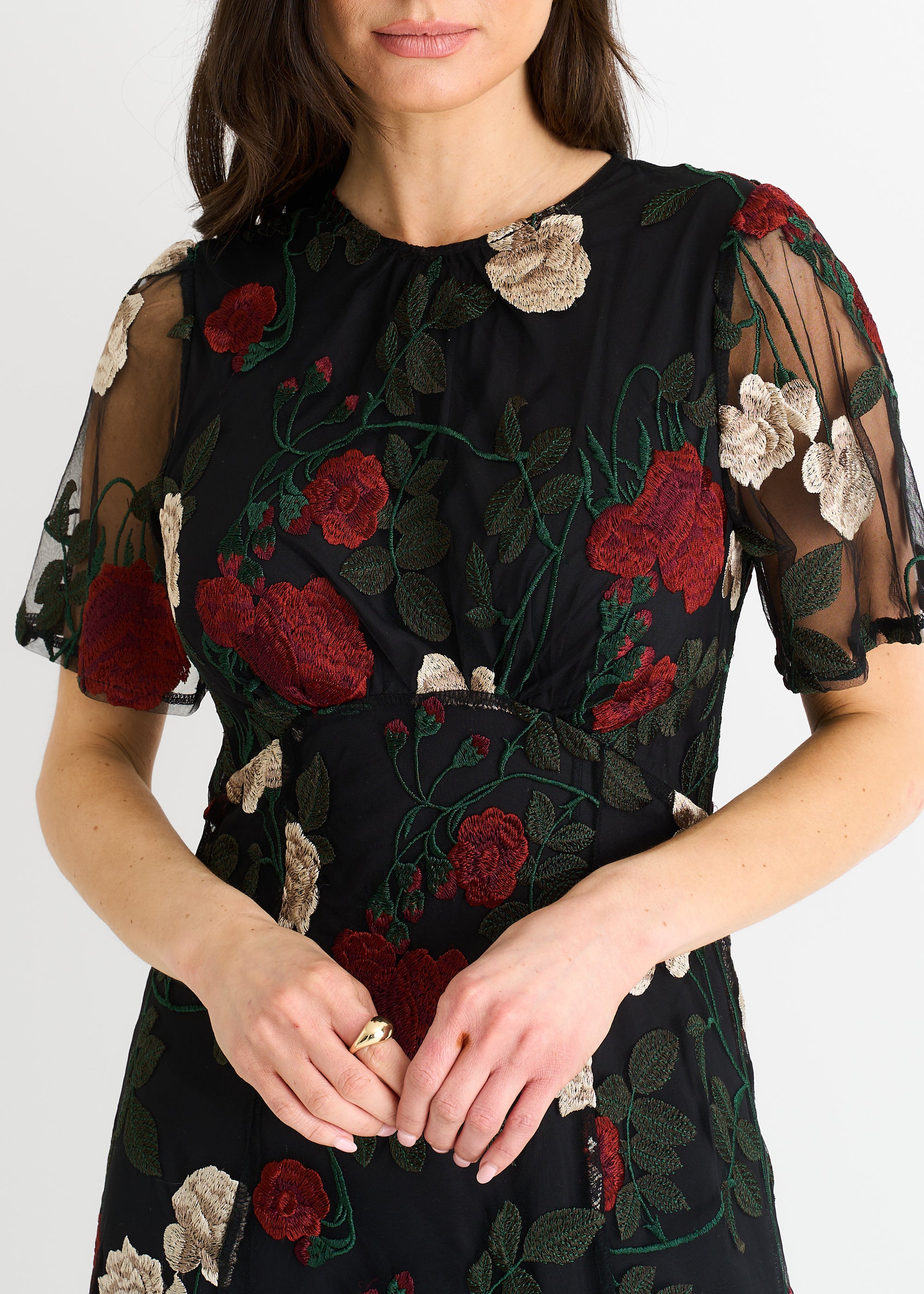 Black Angel Sleeves Embroidered Occasion Midi Dress