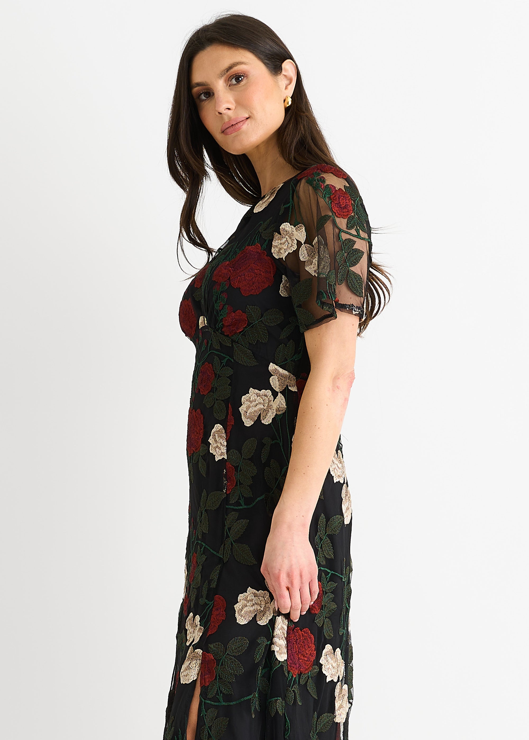 Black Angel Sleeves Embroidered Occasion Midi Dress