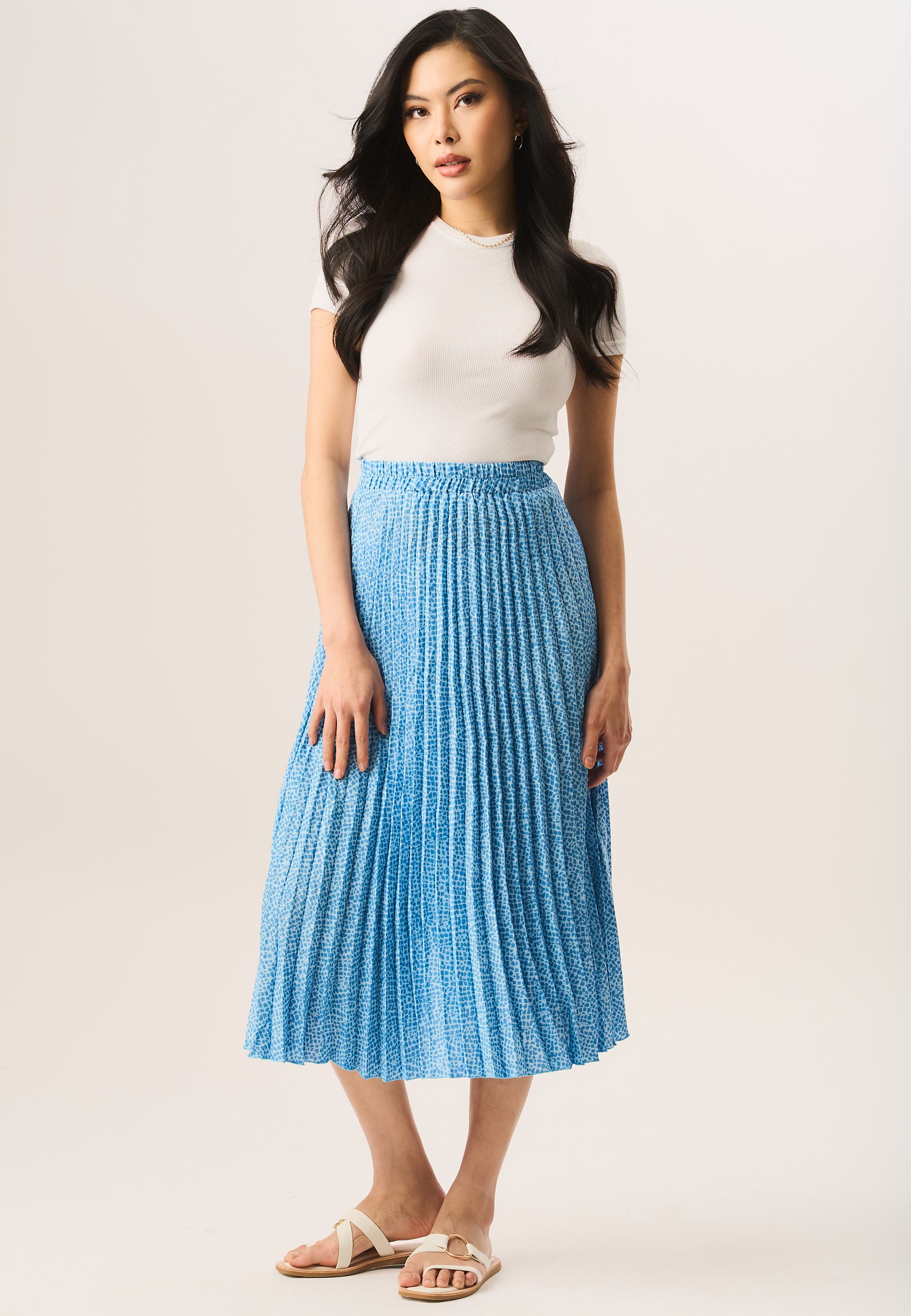 Blue Animal Printed Pleated Midi Skirt