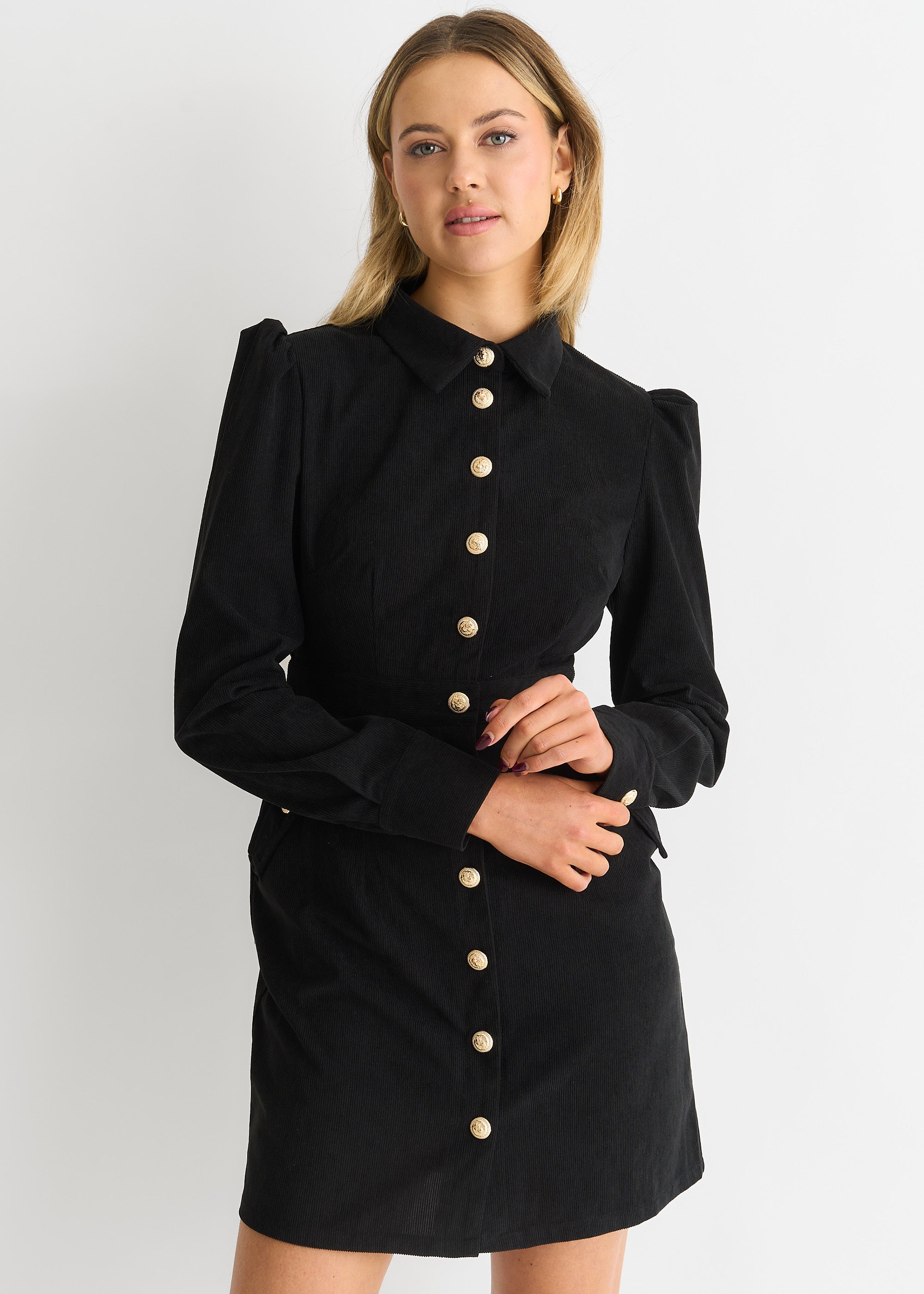 Black Corduroy Mini Shirt Dress – Gini London