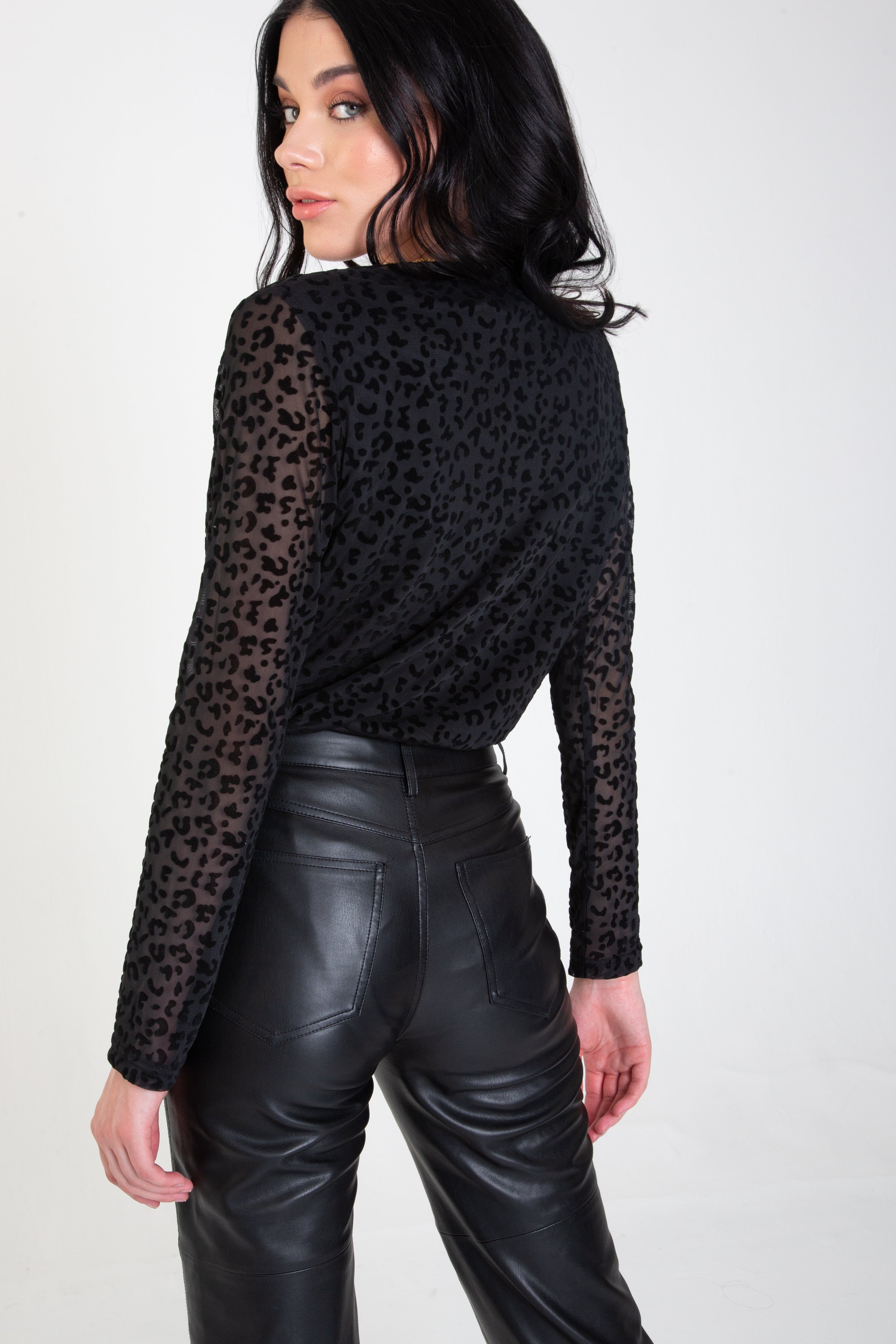 Black Animal Pattern Burnout Long Sleeve Bodysuit