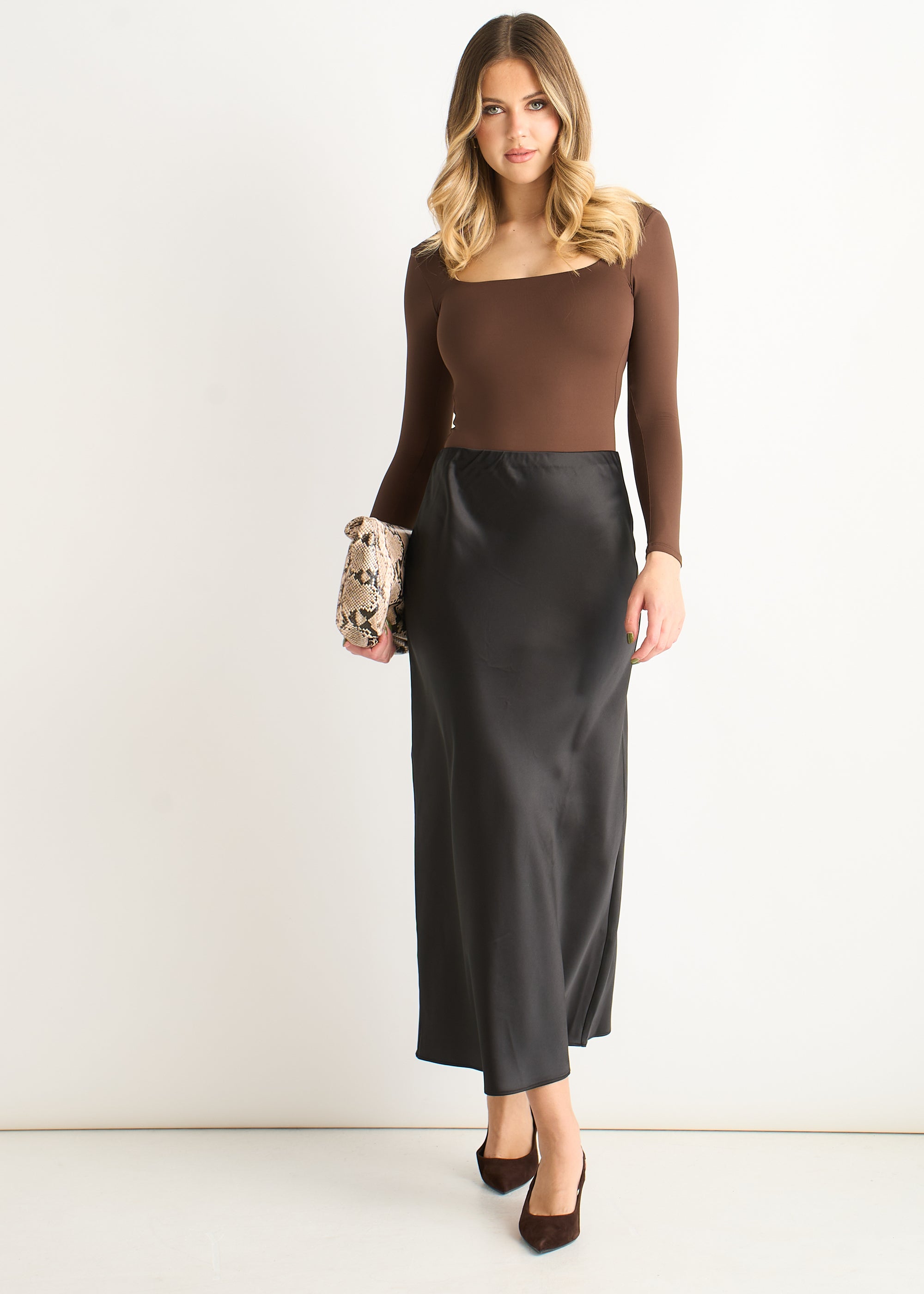 Black Satin Bias Cut Midi Skirt