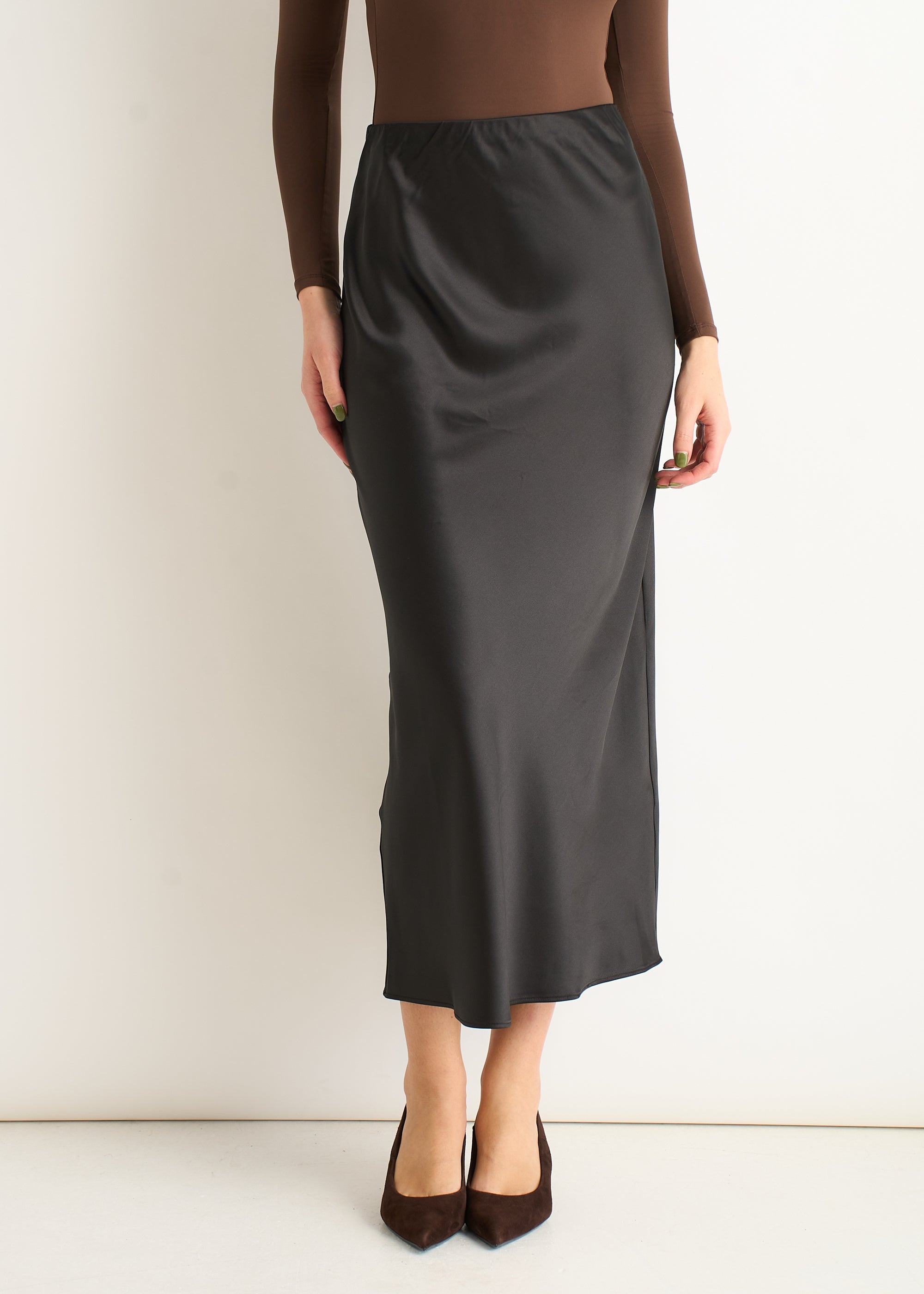 Black Satin Bias Cut Midi Skirt
