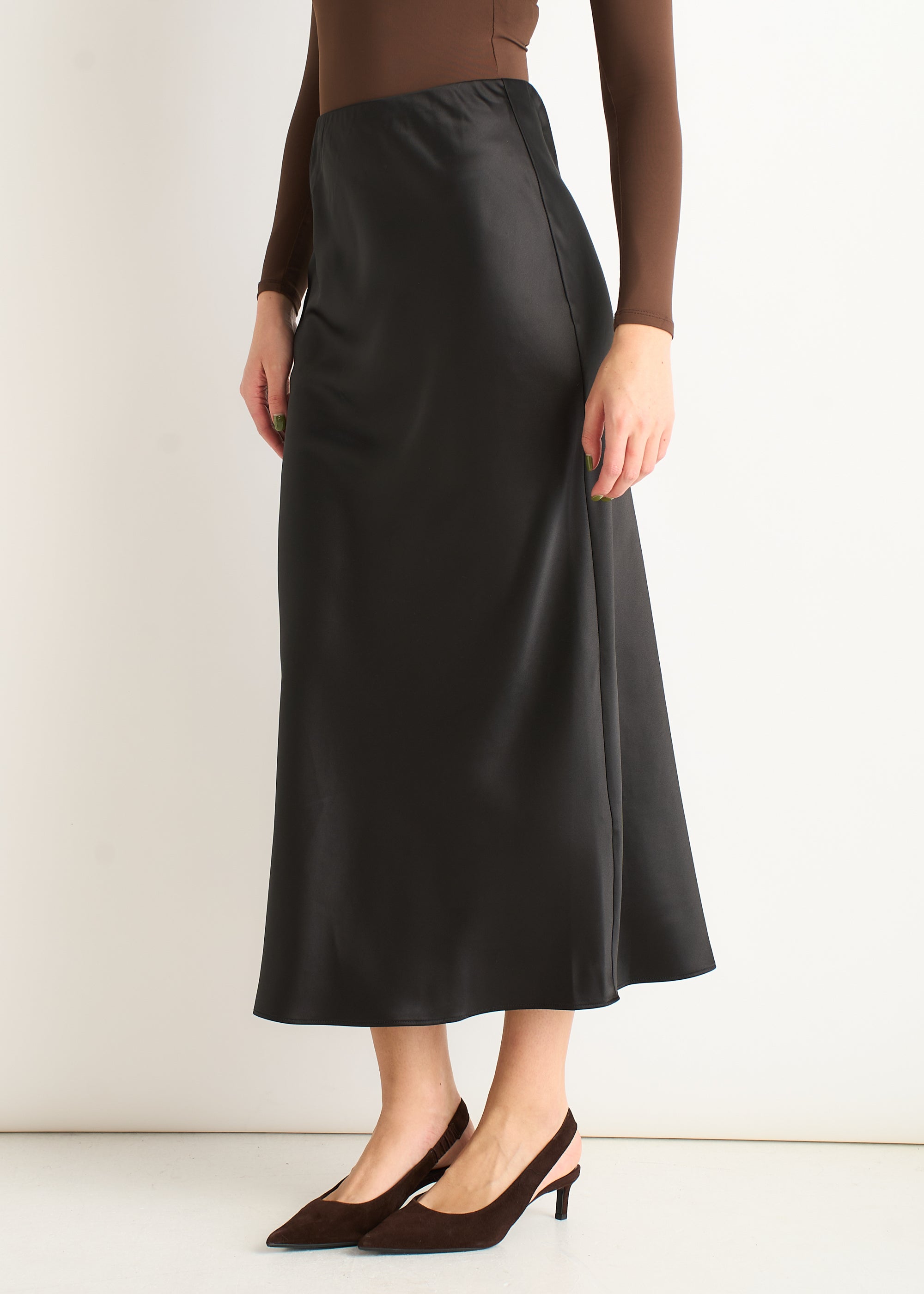Black Satin Bias Cut Midi Skirt