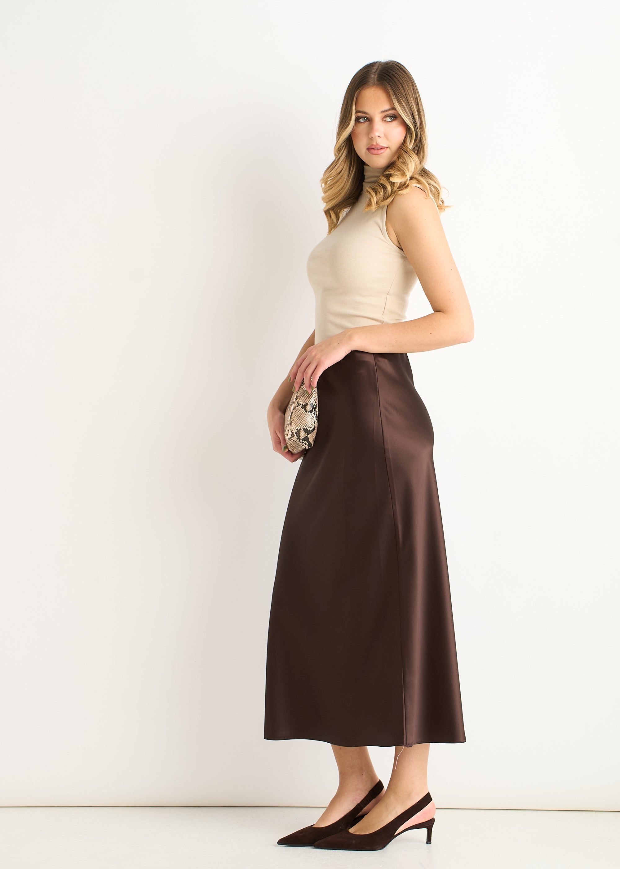 Chocolate Satin Bias Cut Midi Skirt