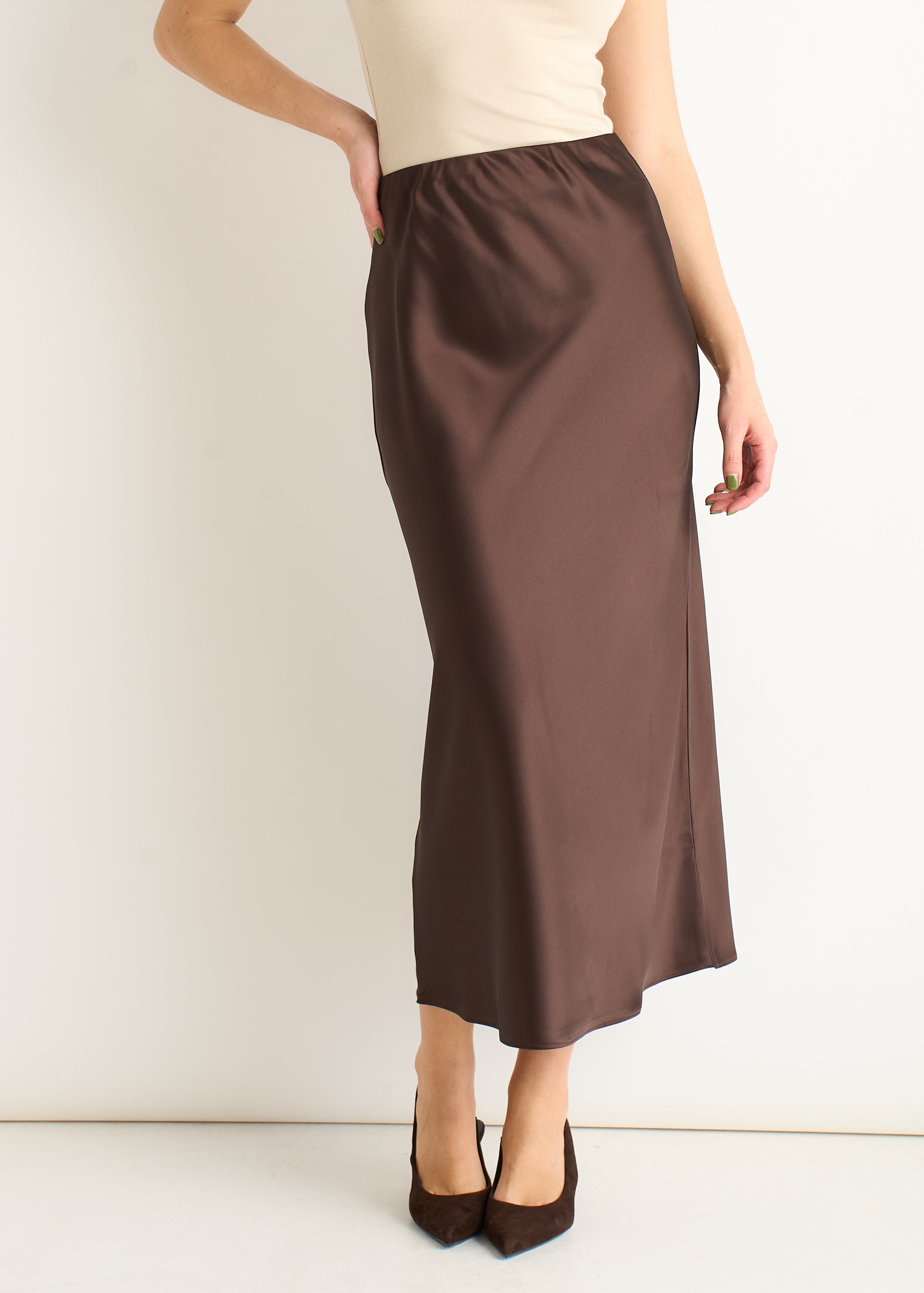 Chocolate Satin Bias Cut Midi Skirt
