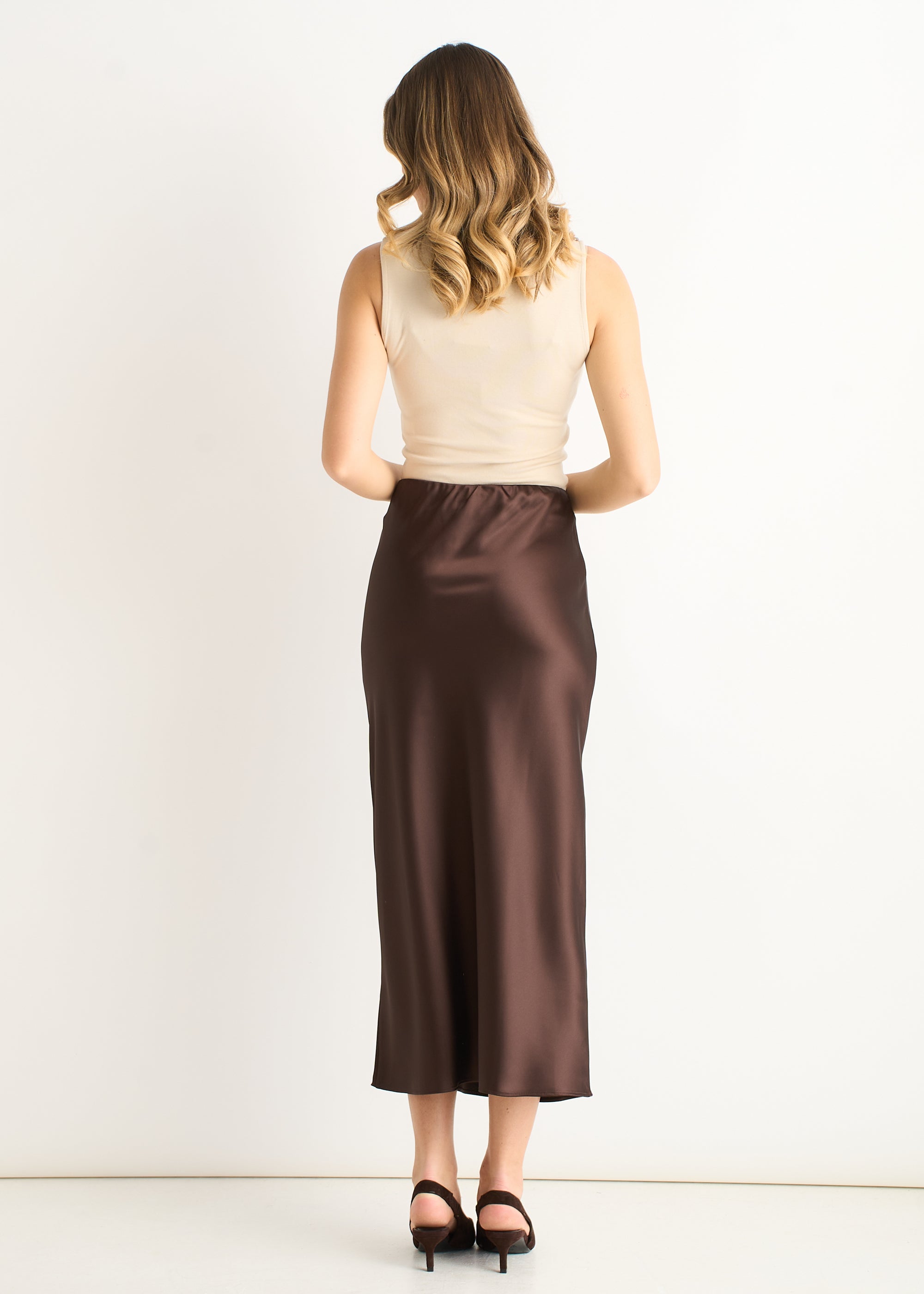 Chocolate Satin Bias Cut Midi Skirt