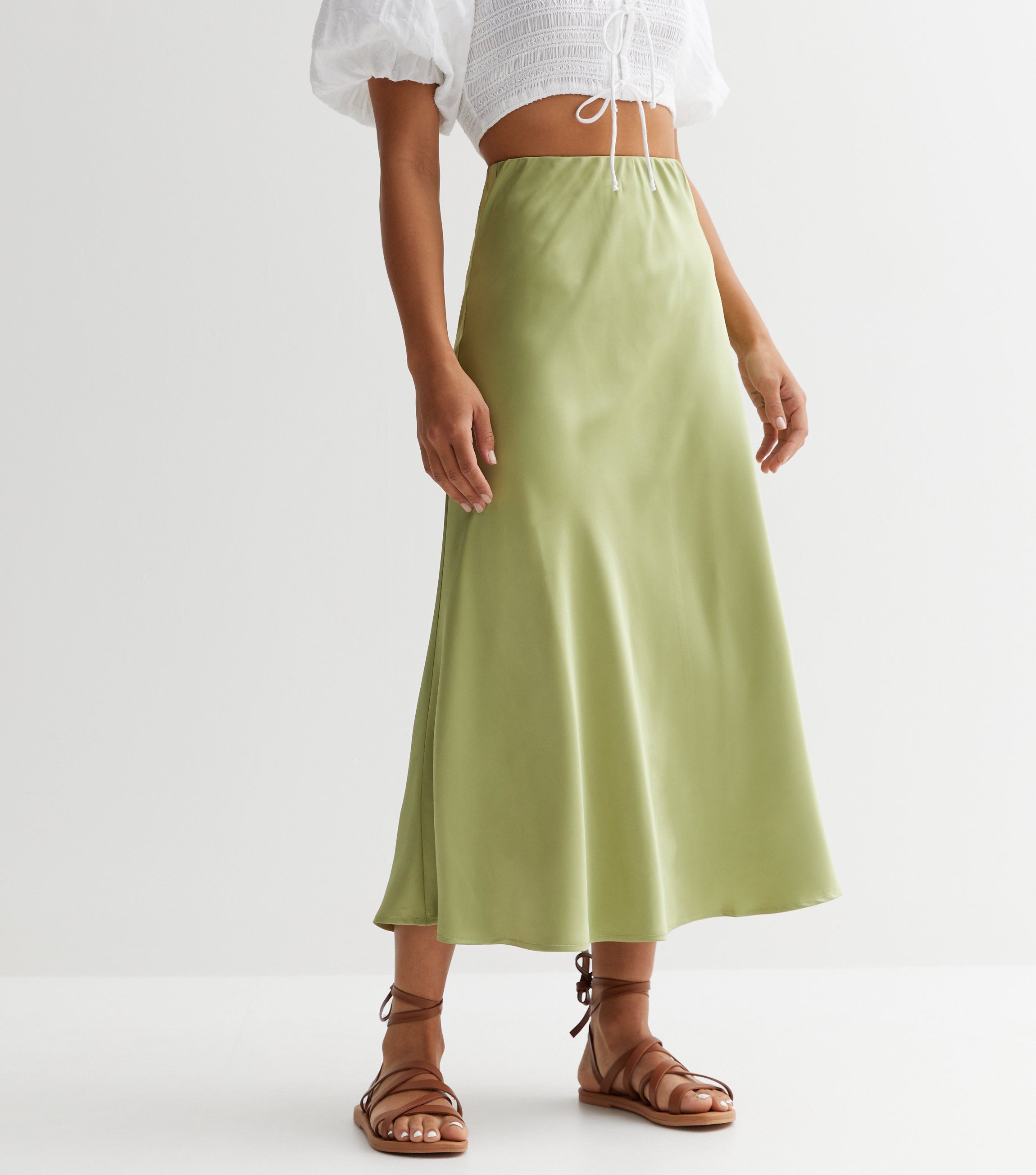 Sage Green Satin Bias Cut Midi Skirt