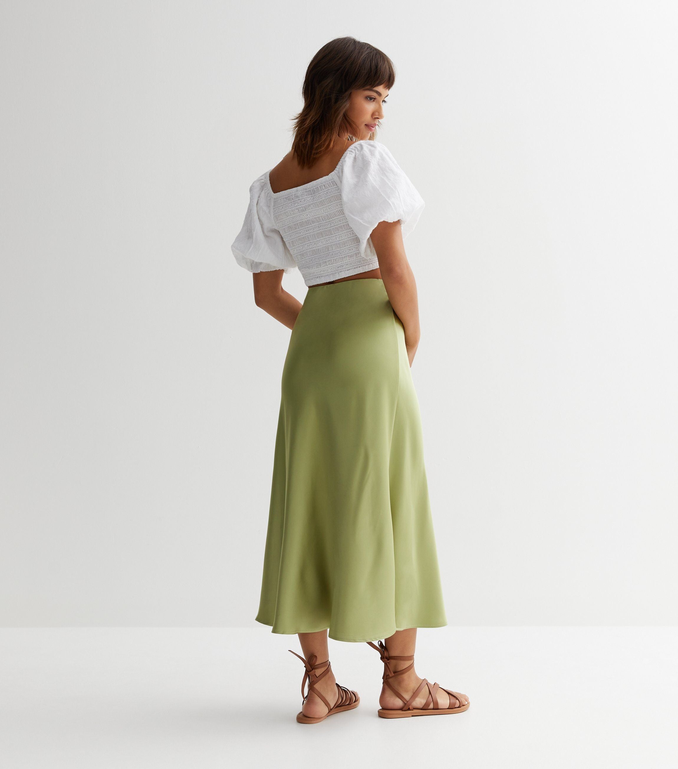 Sage Green Satin Bias Cut Midi Skirt