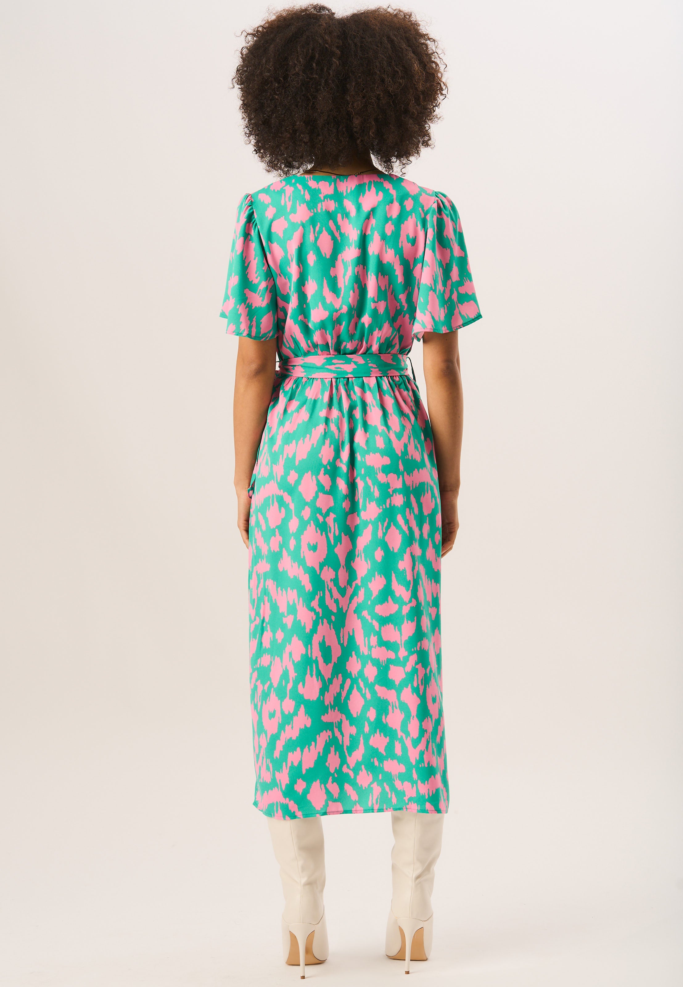 Green Abstract Print Belted Wrap Dress