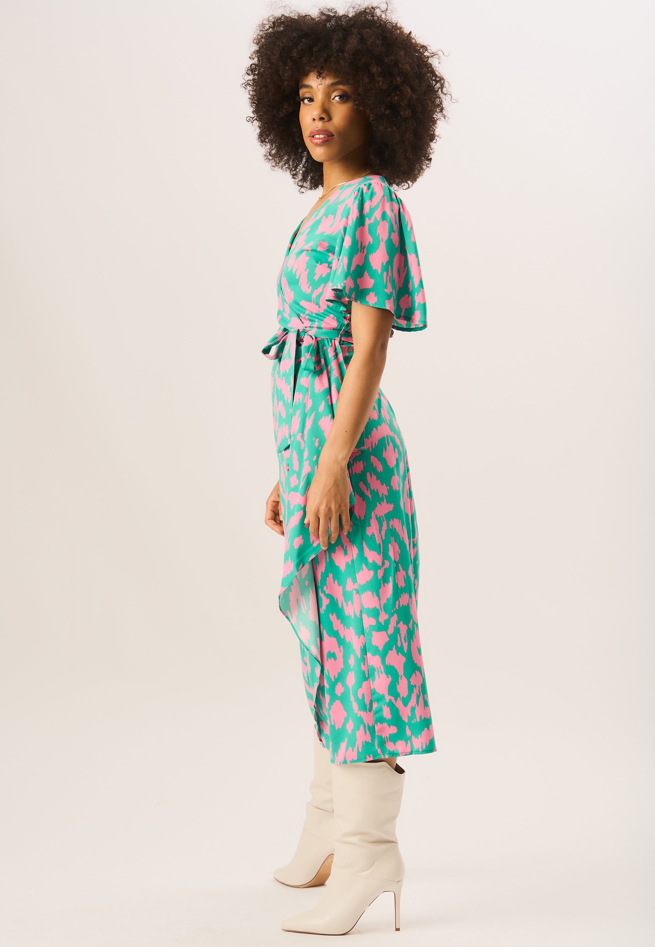 Green Abstract Print Belted Wrap Dress