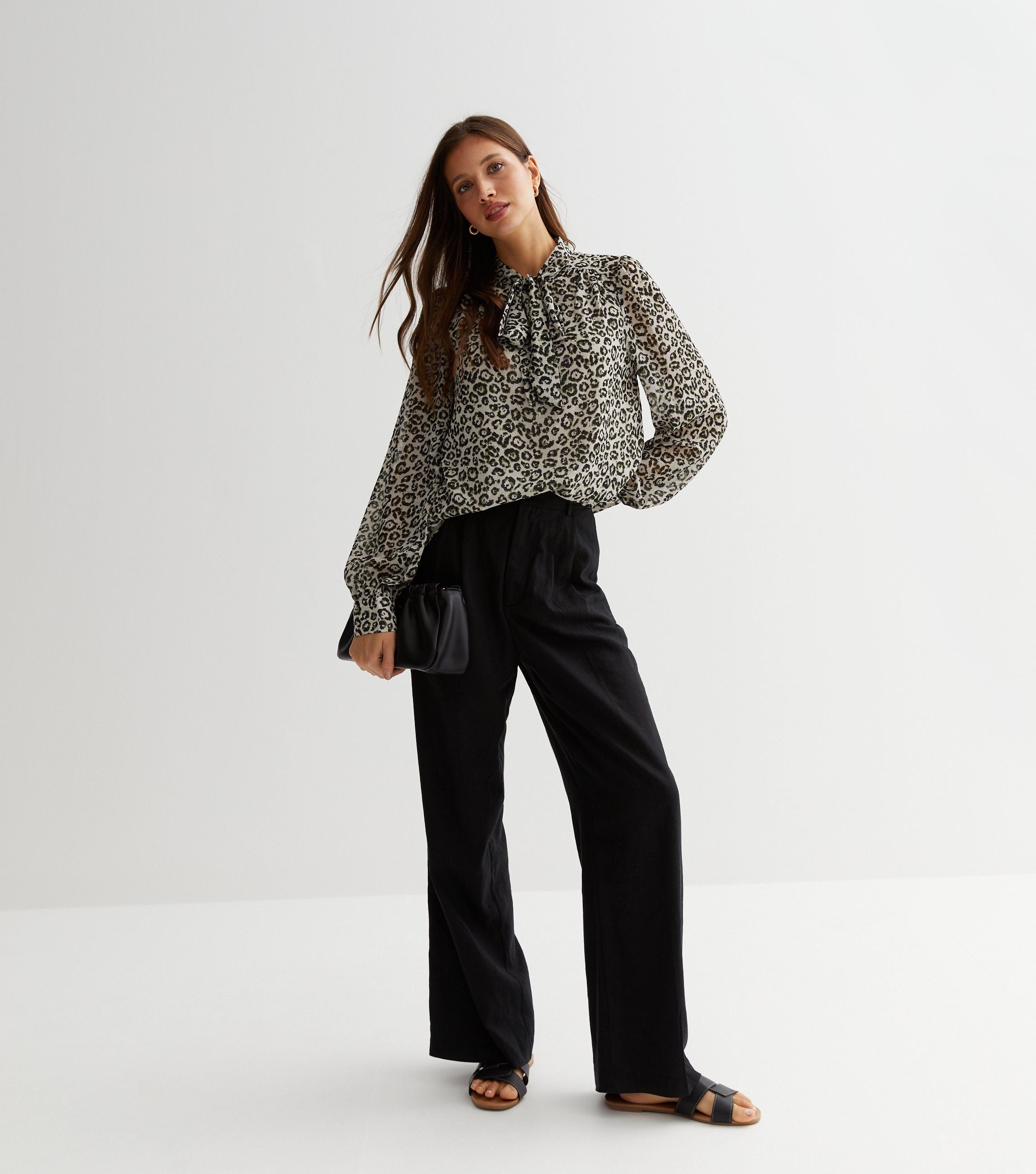 Black Animal Print Long Sleeves Tie Neck Blouse
