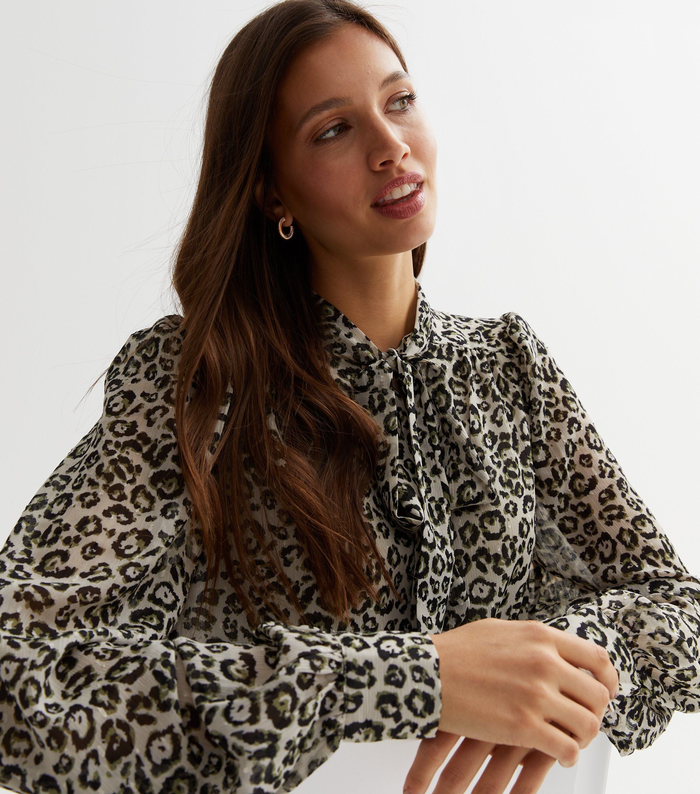 Black Animal Print Long Sleeves Tie Neck Blouse