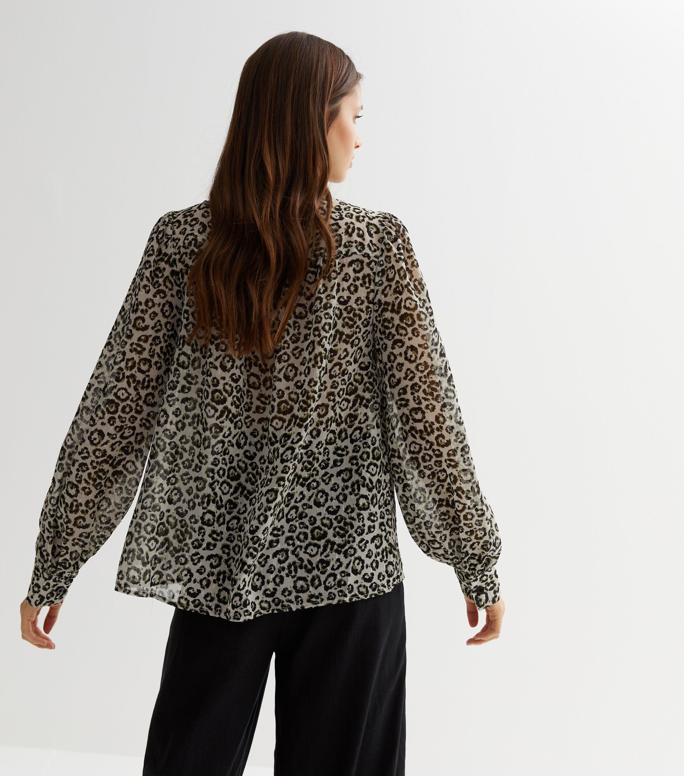 Black Animal Print Long Sleeves Tie Neck Blouse
