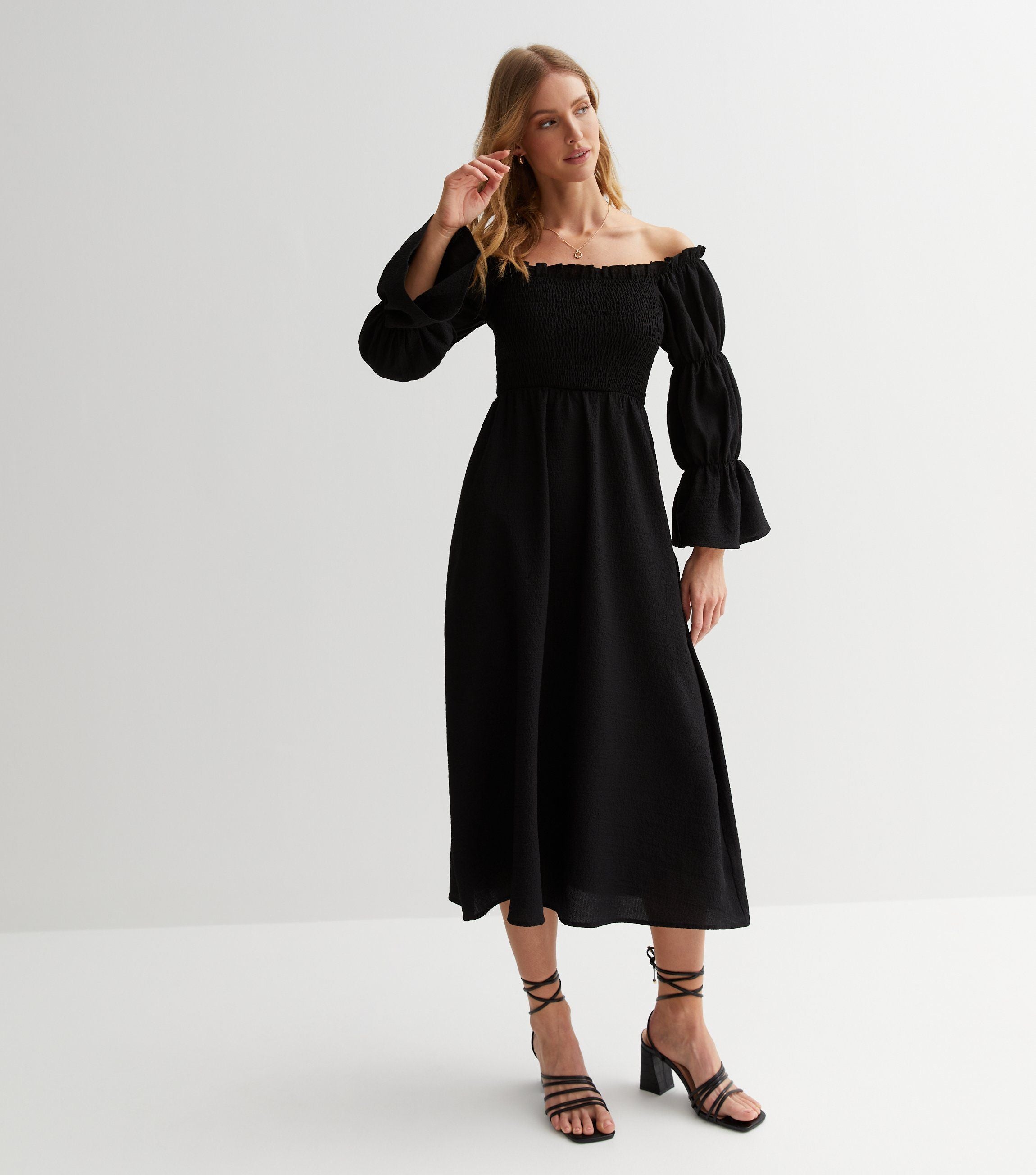 Black Textured Shirred Top Smock Midi Dress