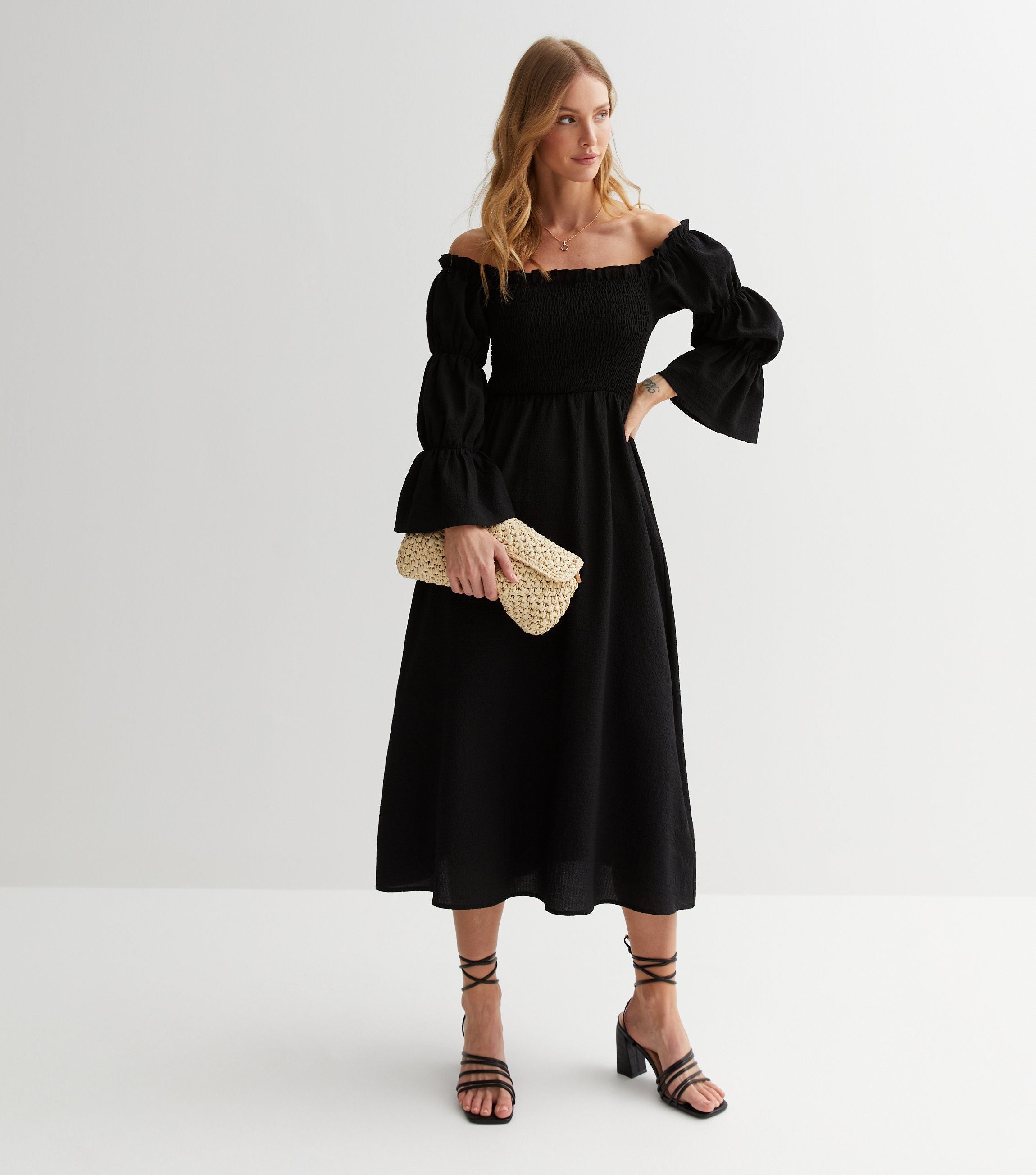 Black Textured Shirred Top Smock Midi Dress