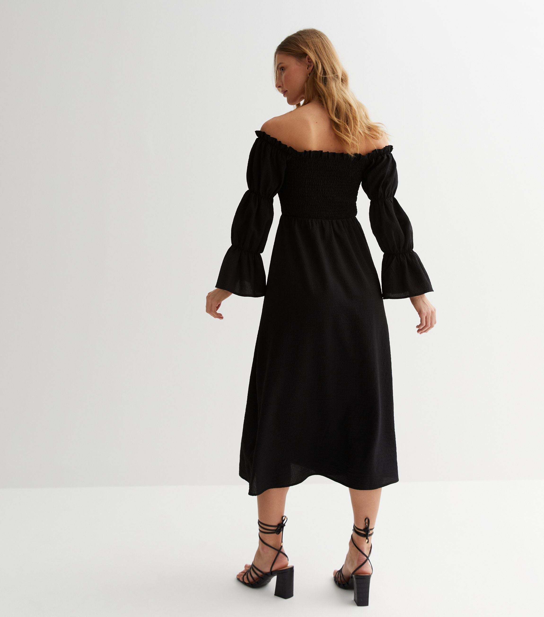 Black Textured Shirred Top Smock Midi Dress